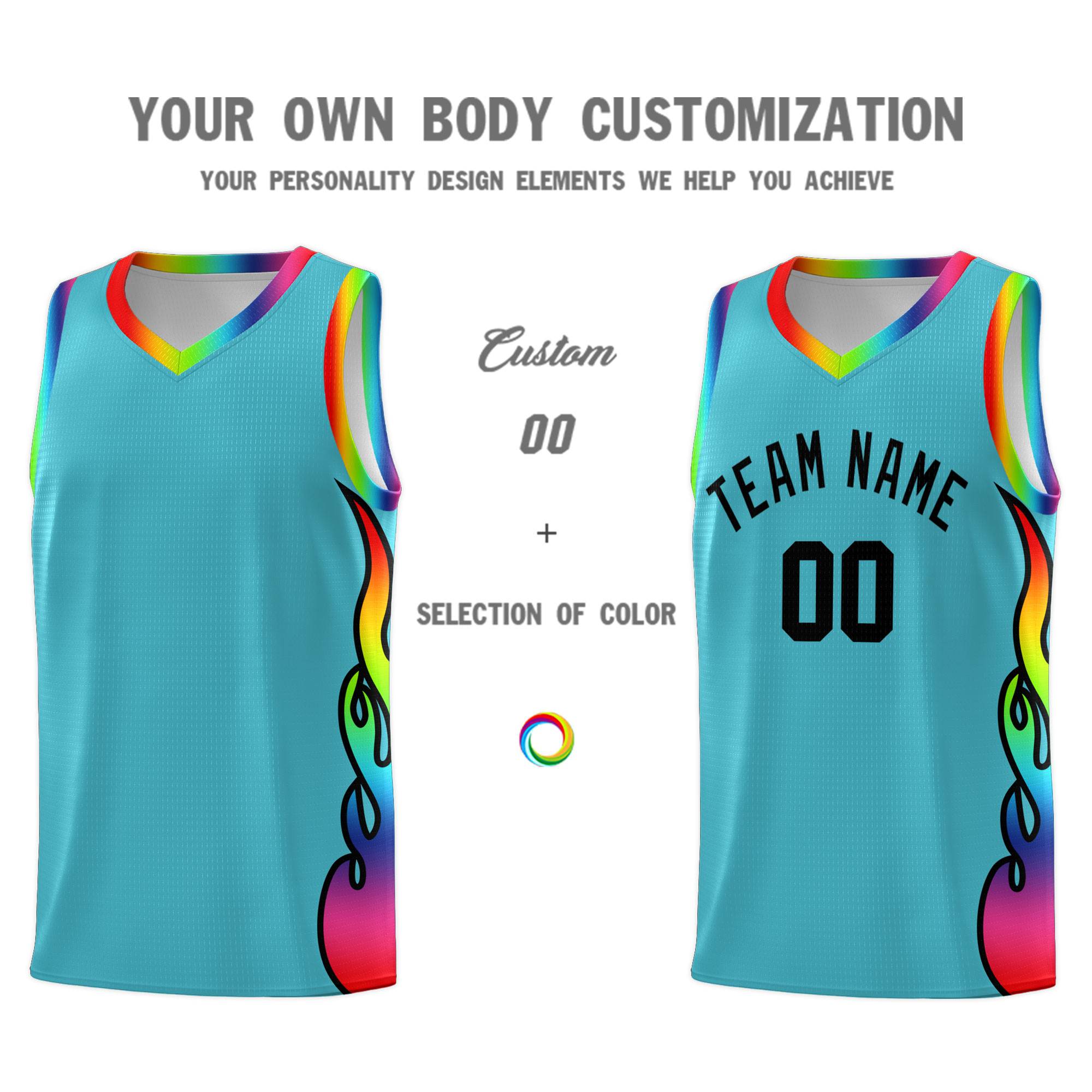 Custom Sky Blue Side Flame Pattern Fashion Sports Uniform Basketball Jersey