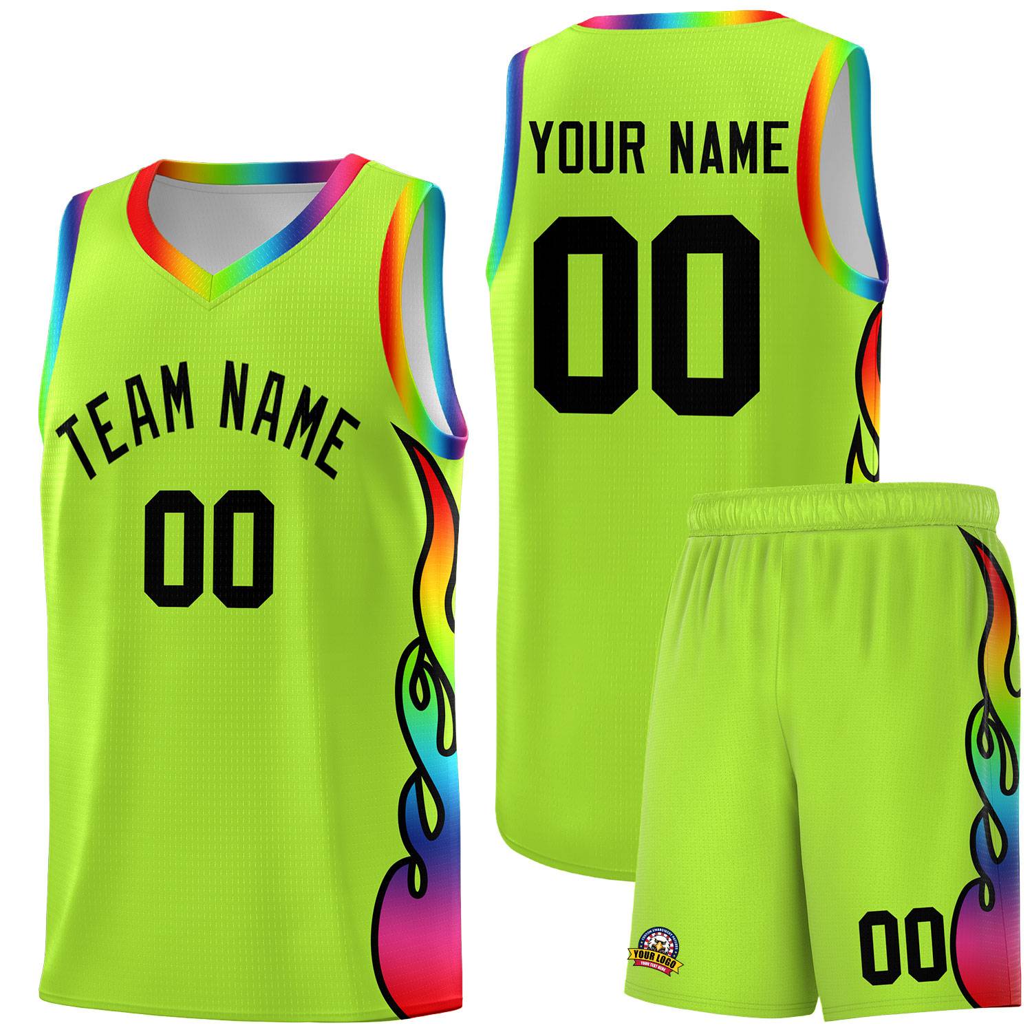Custom Neon Green Side Flame Pattern Fashion Sports Uniform Basketball Jersey