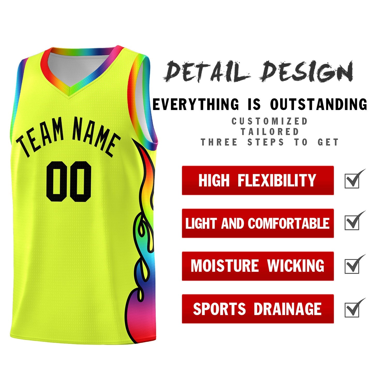 Custom Fluorescent Green Side Flame Pattern Fashion Sports Uniform Basketball Jersey