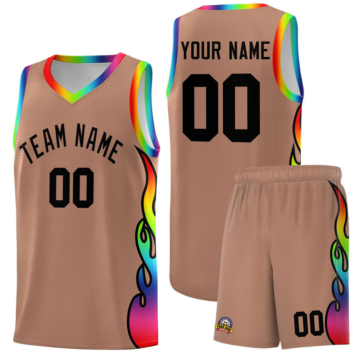 Custom Light Brown Side Flame Pattern Fashion Sports Uniform Basketball Jersey
