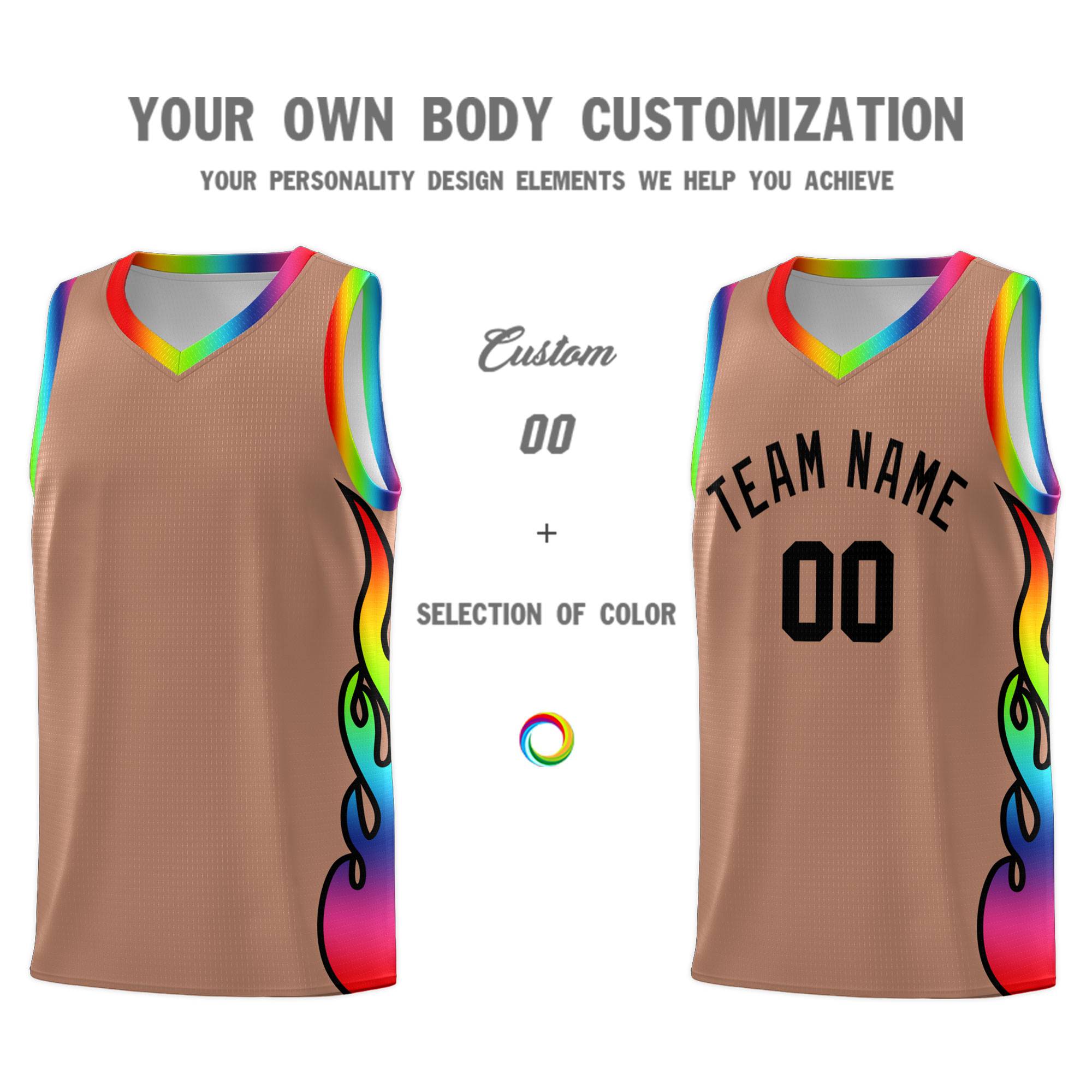 Custom Light Brown Side Flame Pattern Fashion Sports Uniform Basketball Jersey