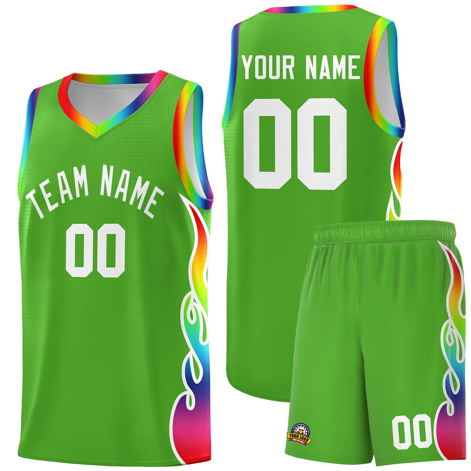 Custom Neon Green Side Flame Pattern Fashion Sports Uniform Basketball Jersey