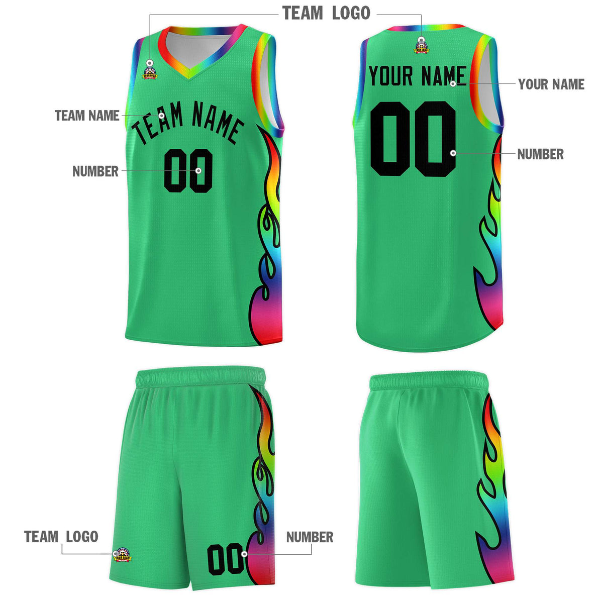 Custom Kelly Green Side Flame Pattern Fashion Sports Uniform Basketball Jersey