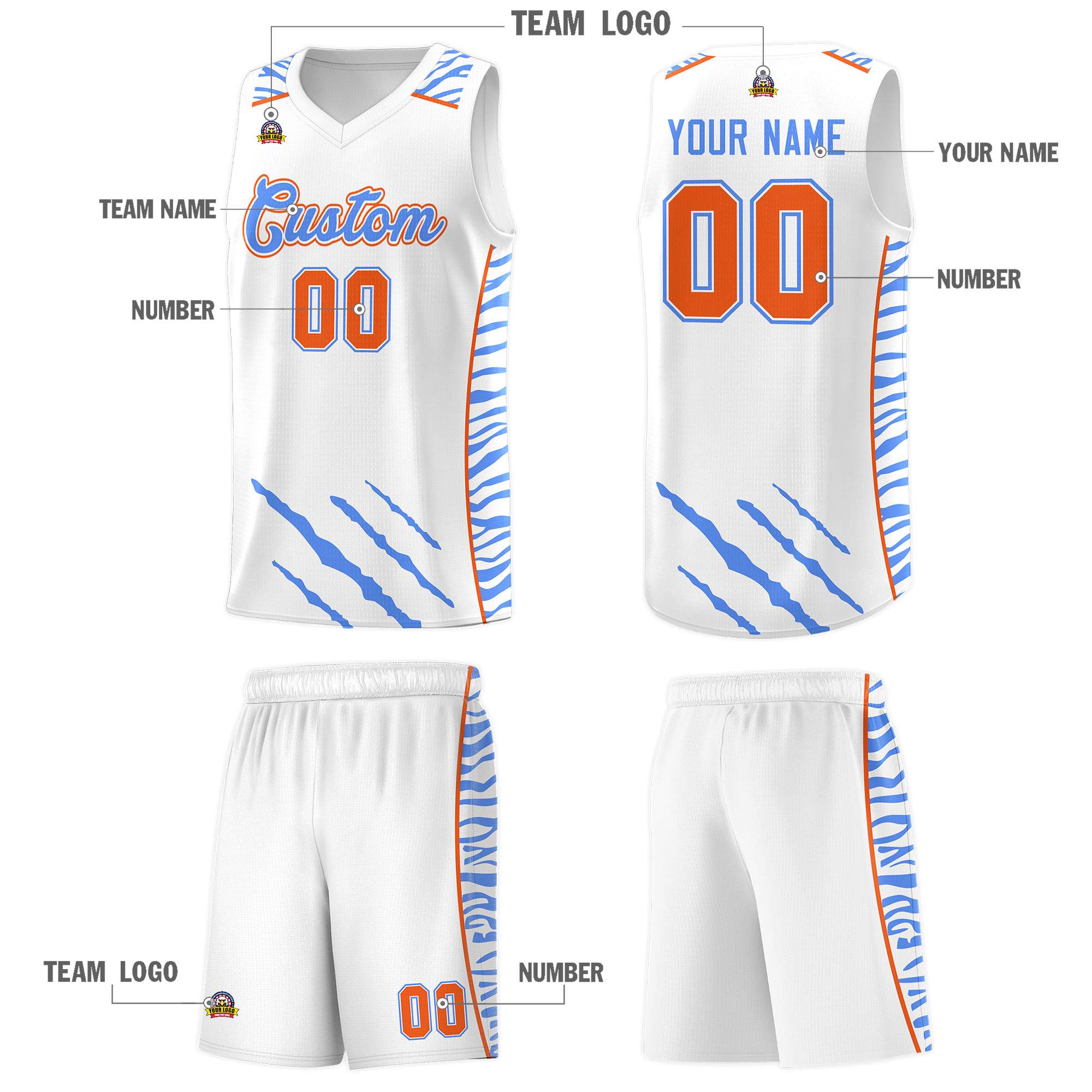 Custom White Personalized Tiger Claw Pattern Sports Uniform Basketball Jersey