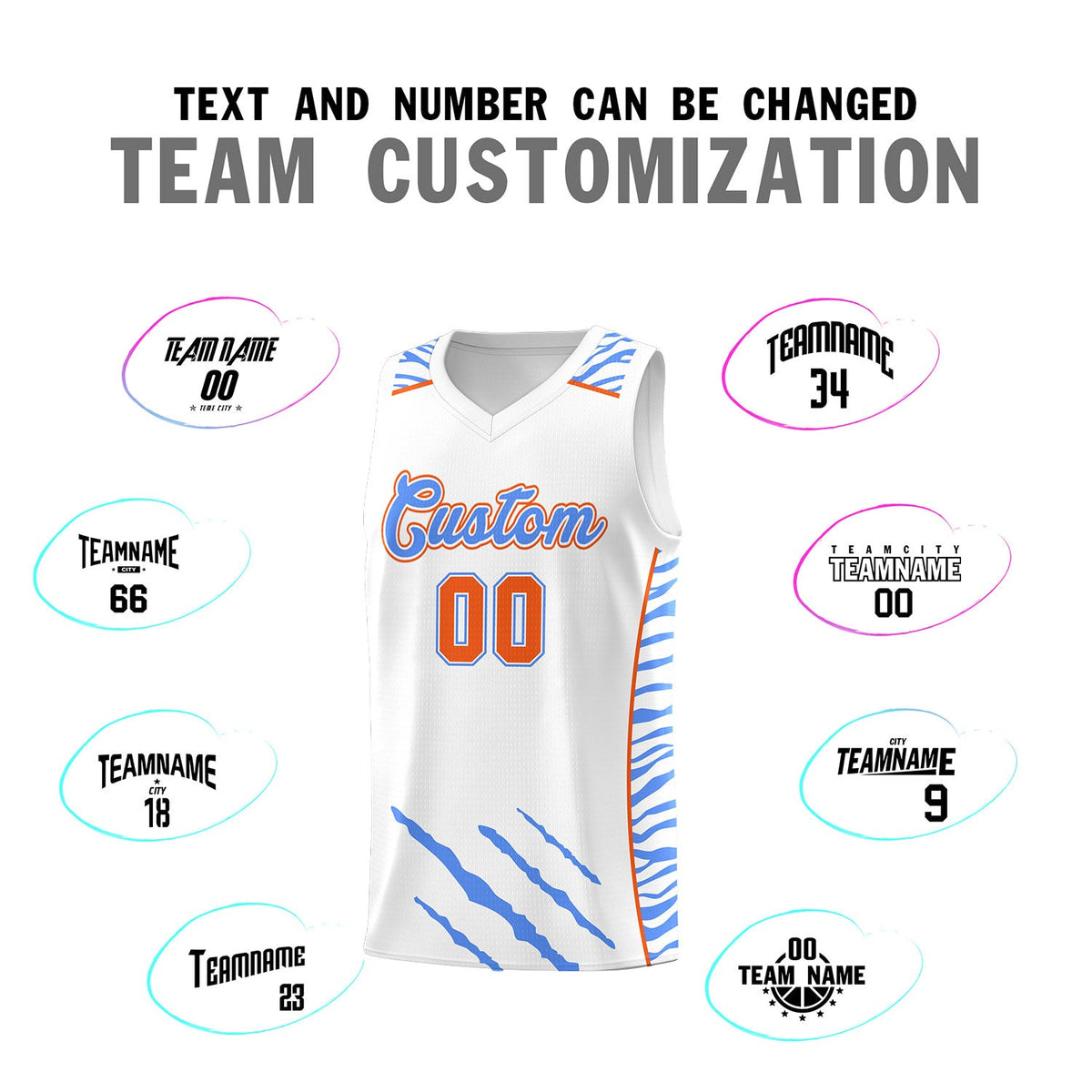 Custom White Personalized Tiger Claw Pattern Sports Uniform Basketball Jersey