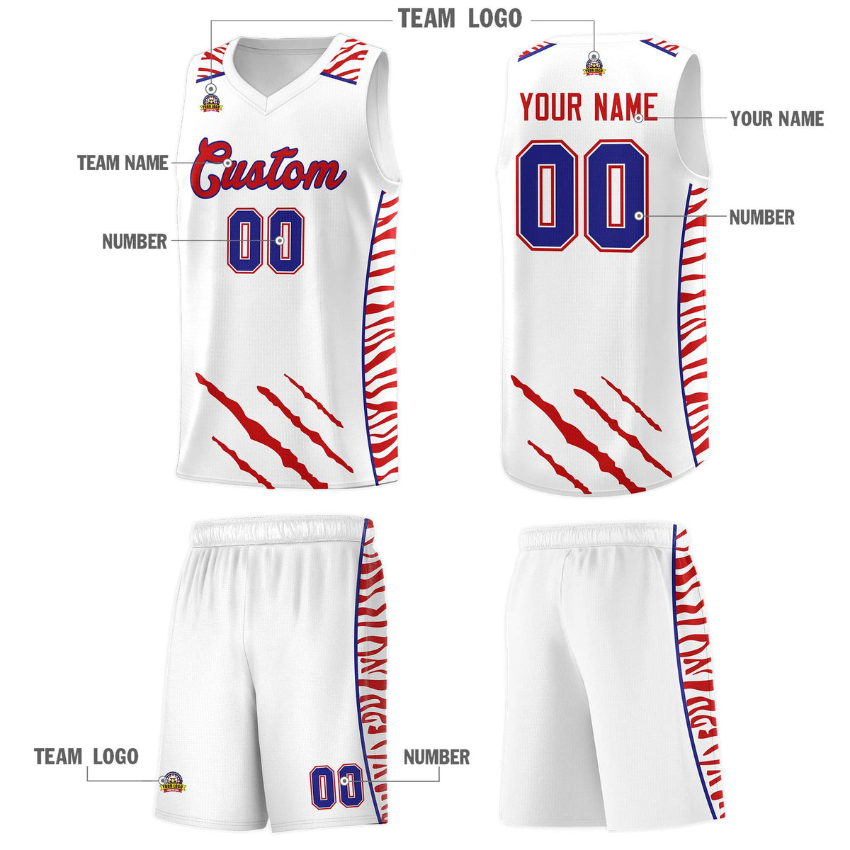Custom White Personalized Tiger Claw Pattern Sports Uniform Basketball Jersey