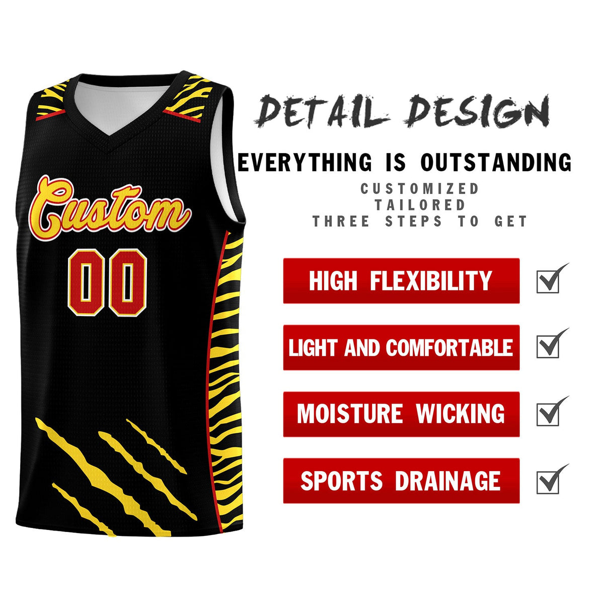 Custom Black Personalized Tiger Claw Pattern Sports Uniform Basketball Jersey