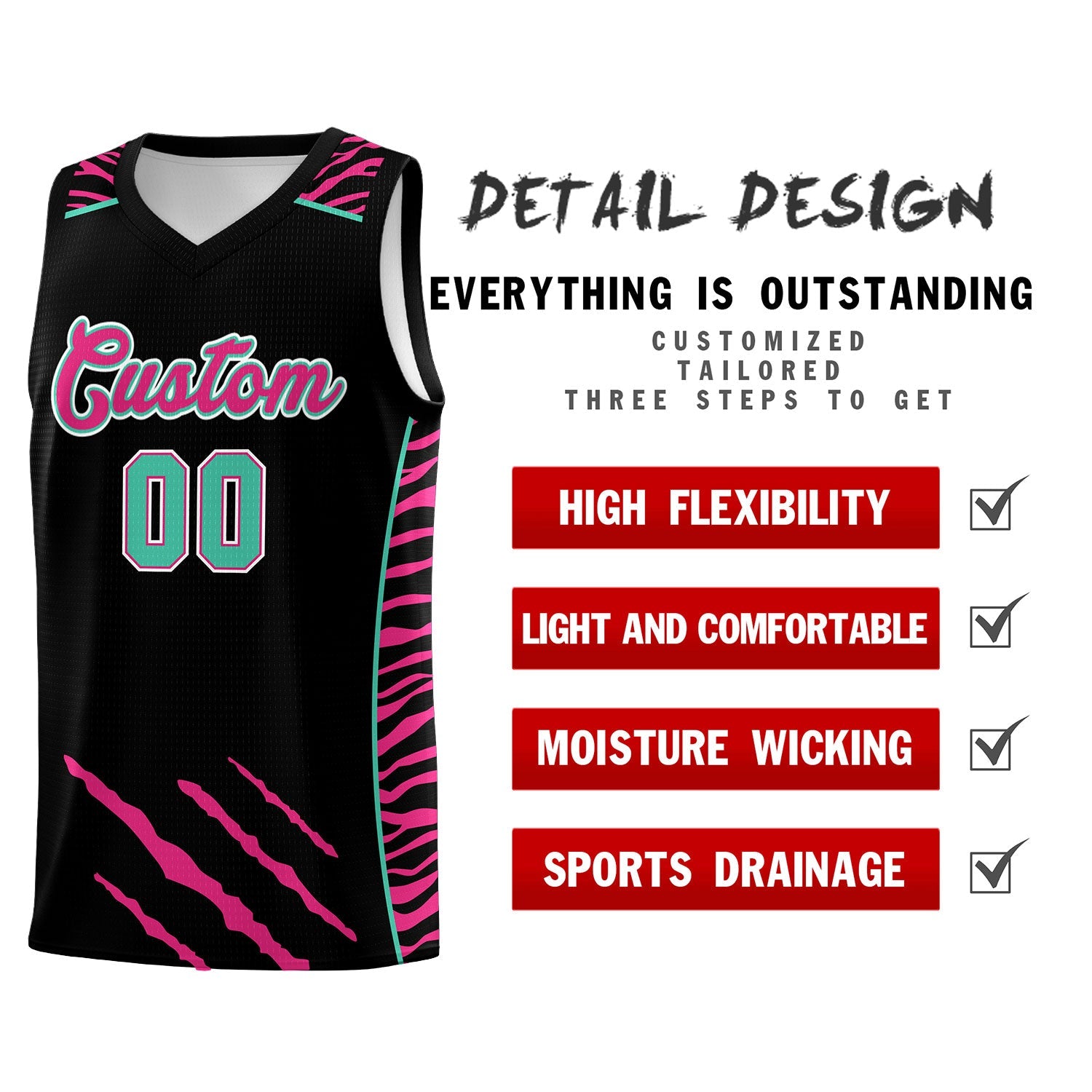 Custom Black Personalized Tiger Claw Pattern Sports Uniform Basketball Jersey