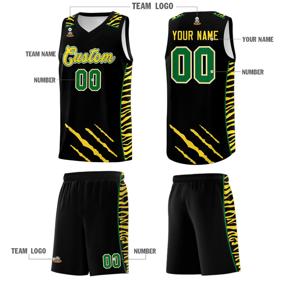 Custom Black Personalized Tiger Claw Pattern Sports Uniform Basketball Jersey