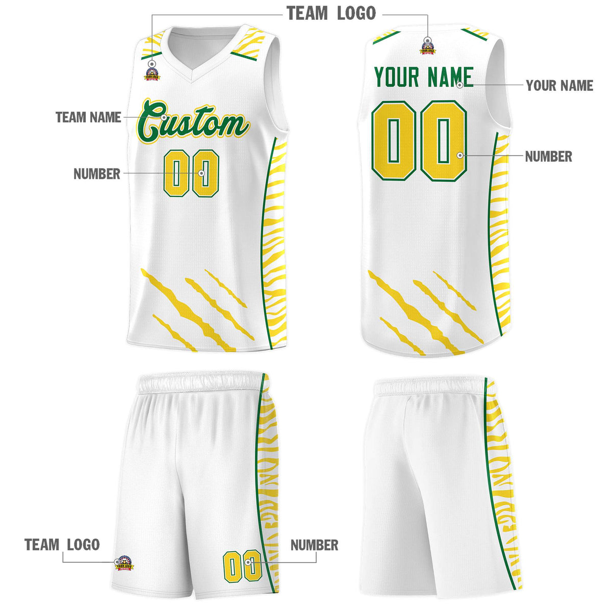 Custom White Personalized Tiger Claw Pattern Sports Uniform Basketball Jersey