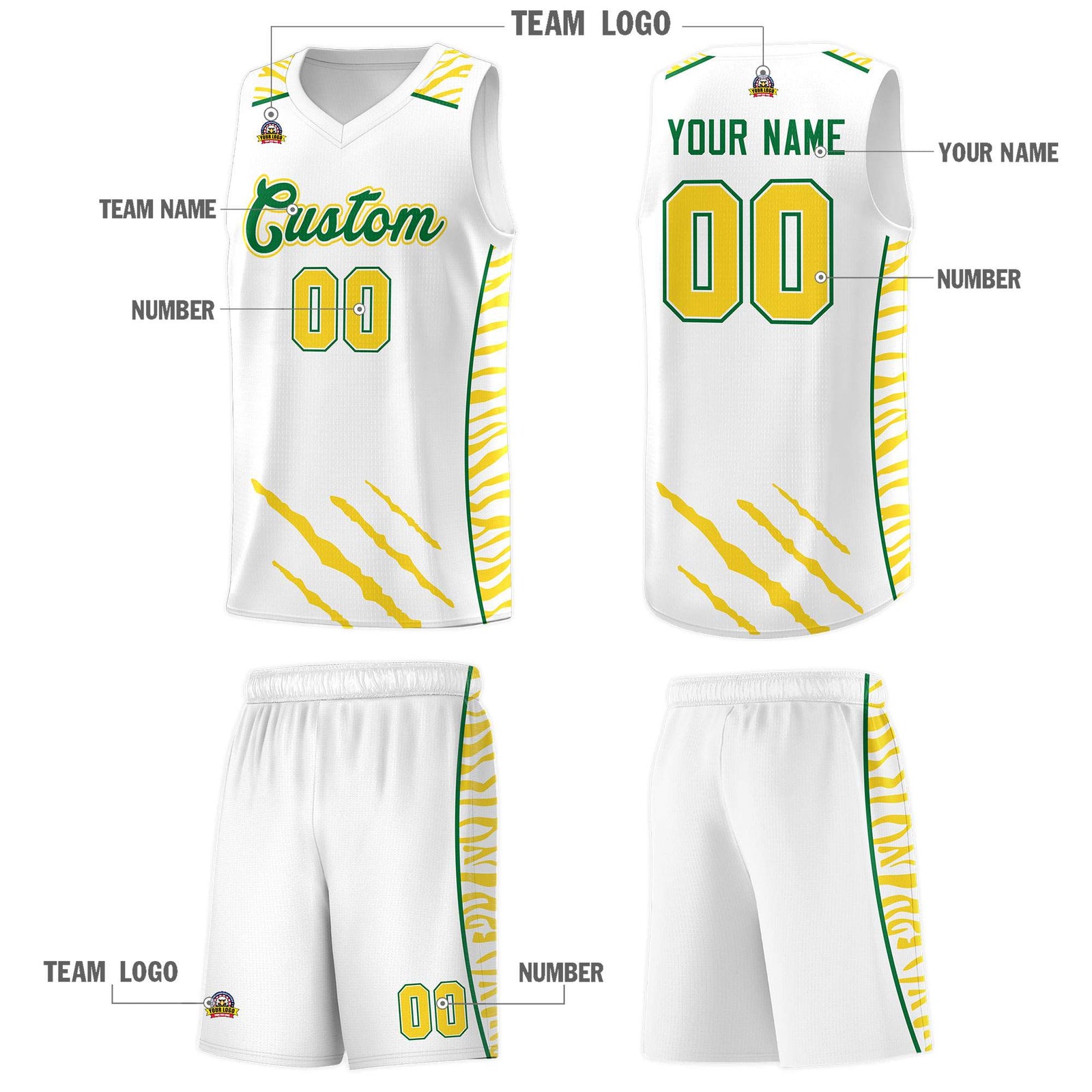 Custom White Personalized Tiger Claw Pattern Sports Uniform Basketball Jersey
