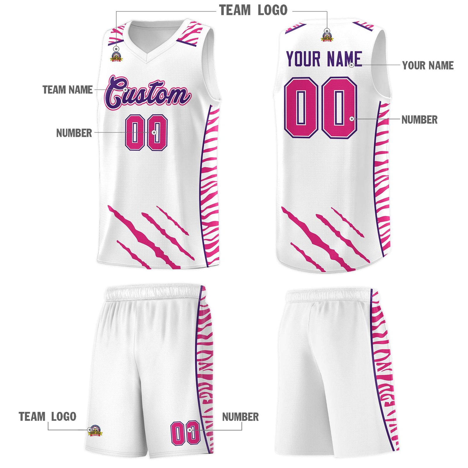 Custom White Personalized Tiger Claw Pattern Sports Uniform Basketball Jersey
