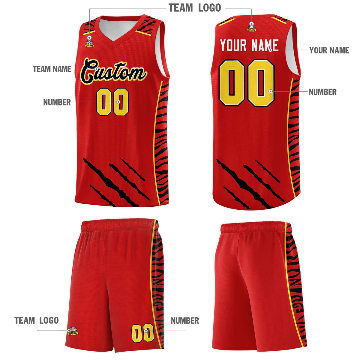 Custom Red Personalized Tiger Claw Pattern Sports Uniform Basketball Jersey