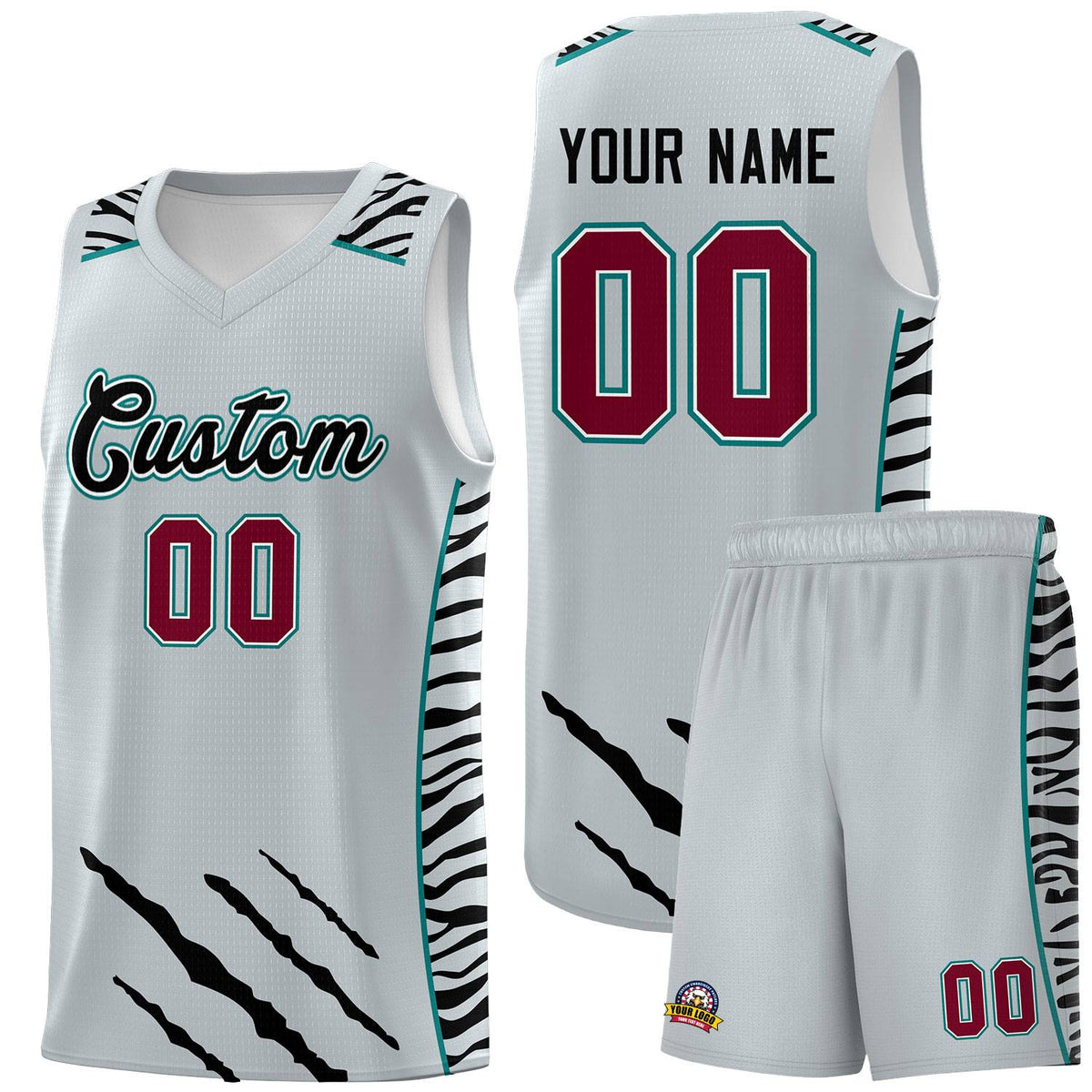 Custom Silver Personalized Tiger Claw Pattern Sports Uniform Basketball Jersey