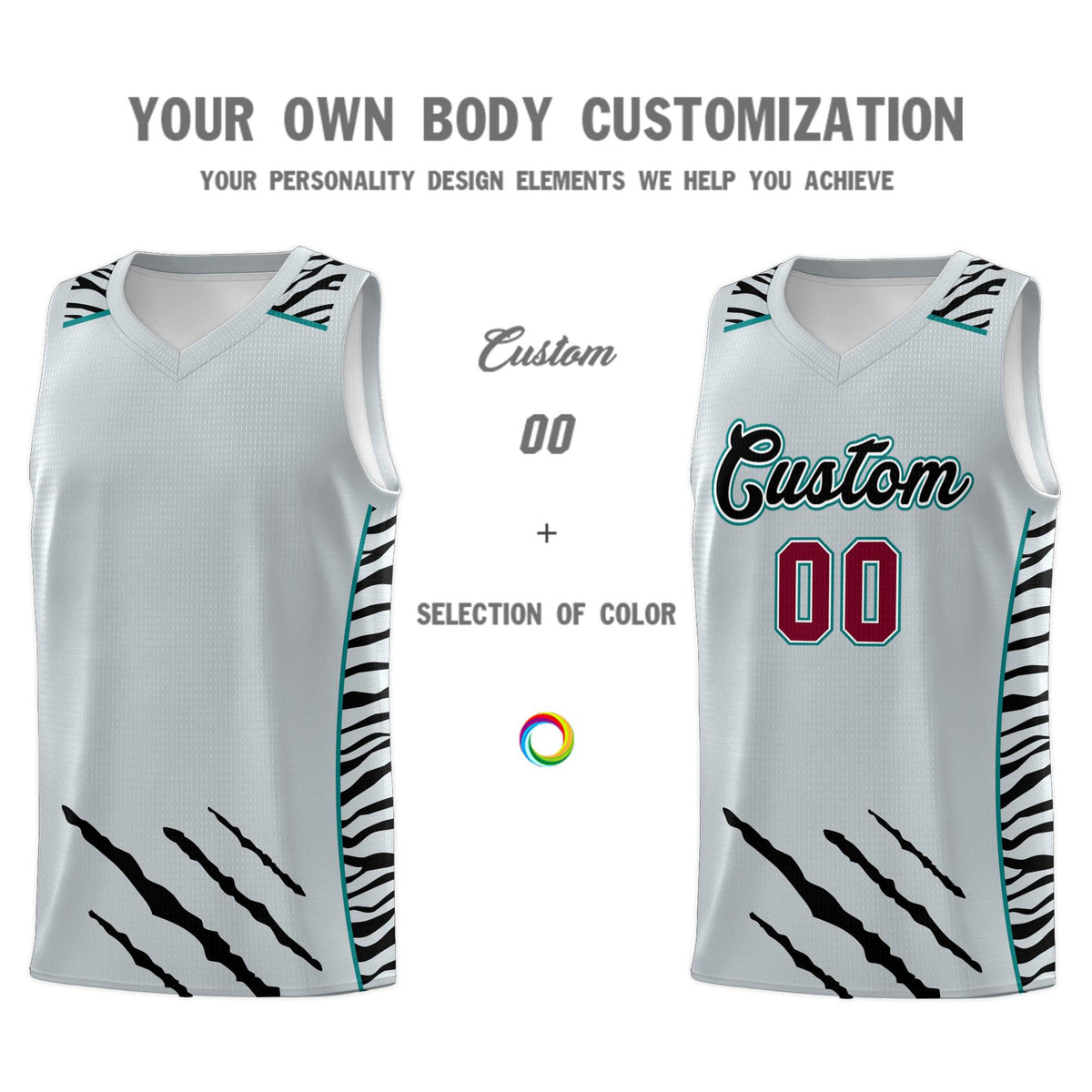 Custom Silver Personalized Tiger Claw Pattern Sports Uniform Basketball Jersey