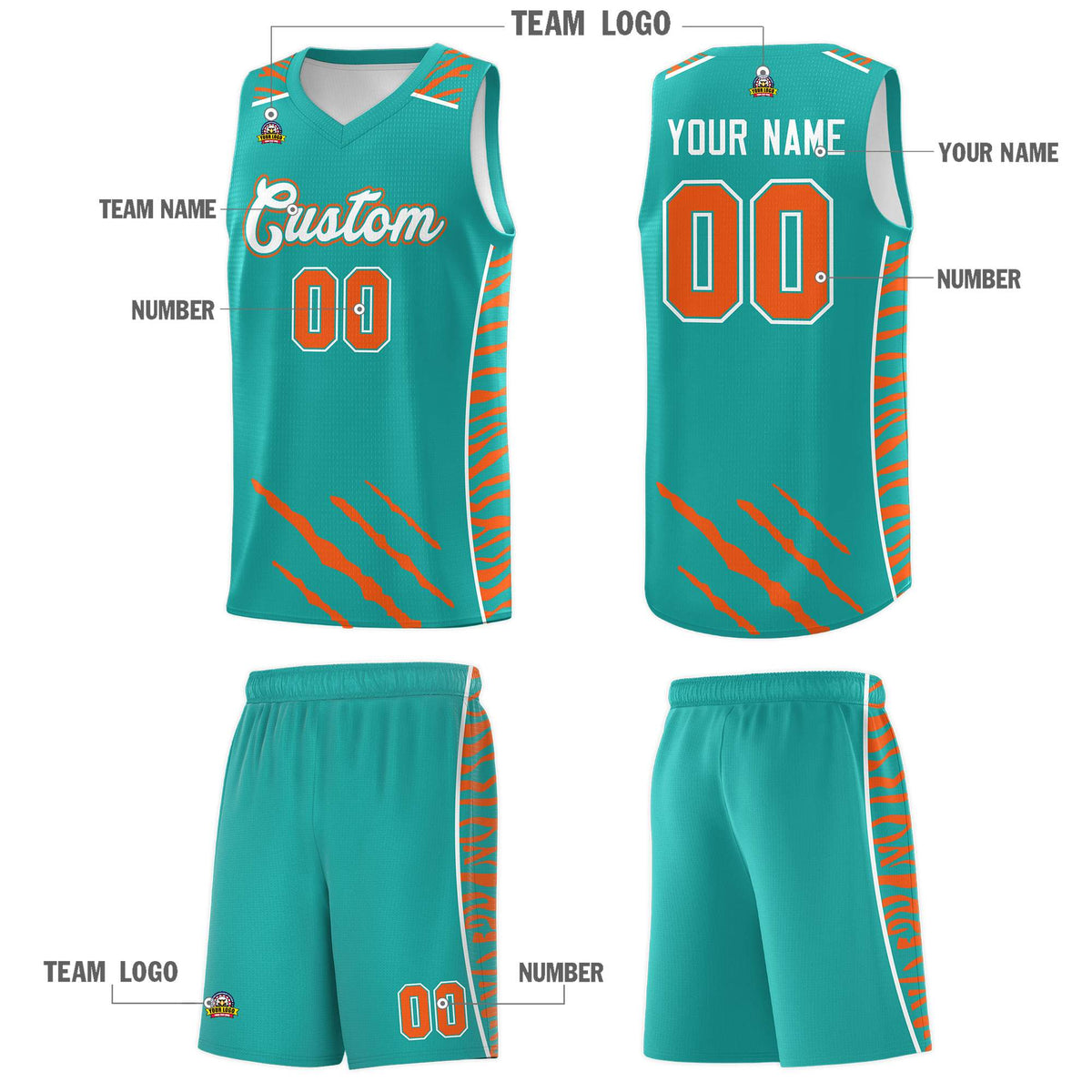 Custom Aqua Personalized Tiger Claw Pattern Sports Uniform Basketball Jersey