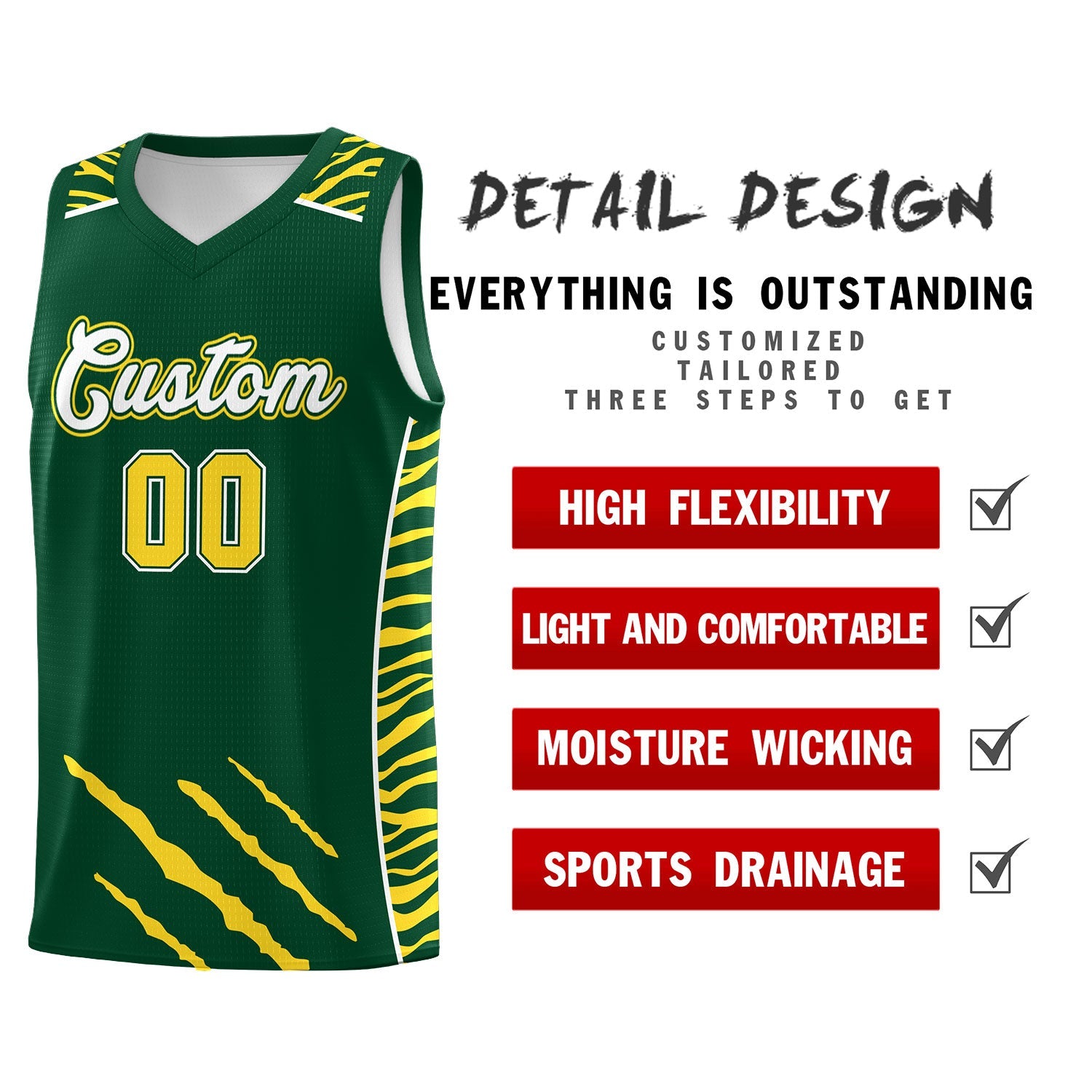 Custom Green Personalized Tiger Claw Pattern Sports Uniform Basketball Jersey