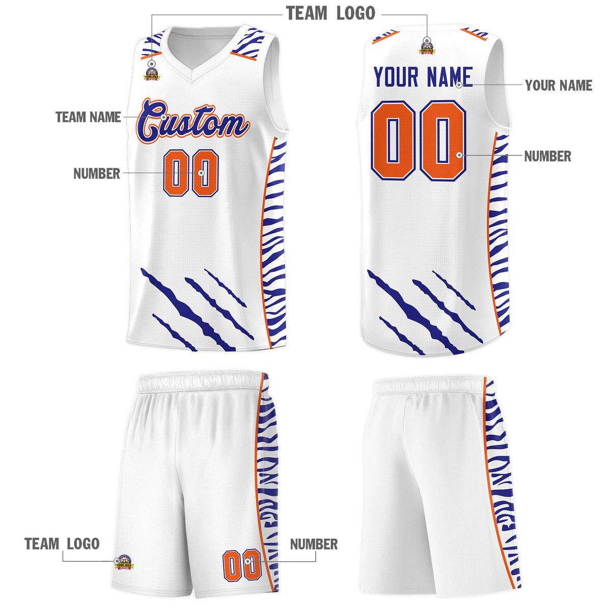 Custom White Personalized Tiger Claw Pattern Sports Uniform Basketball Jersey