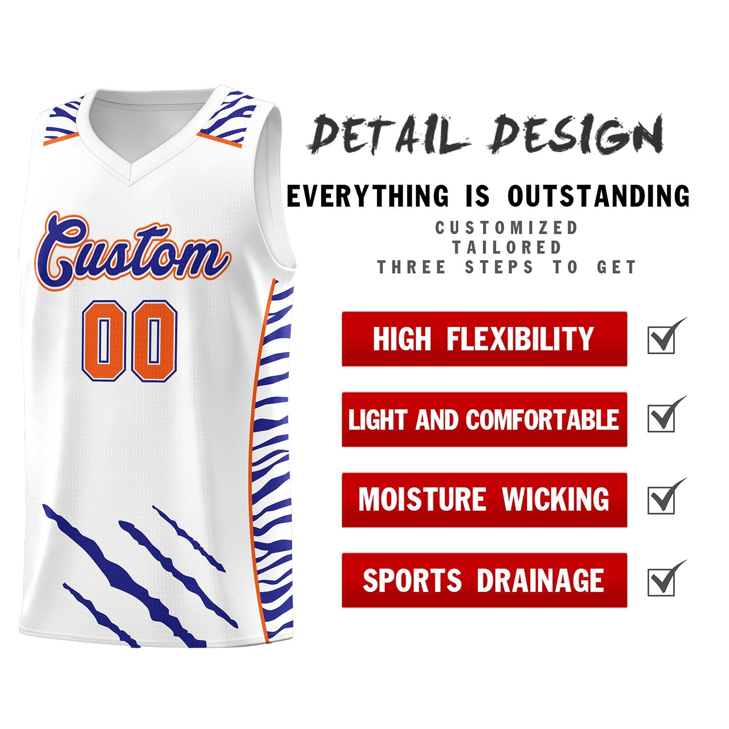 Custom White Personalized Tiger Claw Pattern Sports Uniform Basketball Jersey