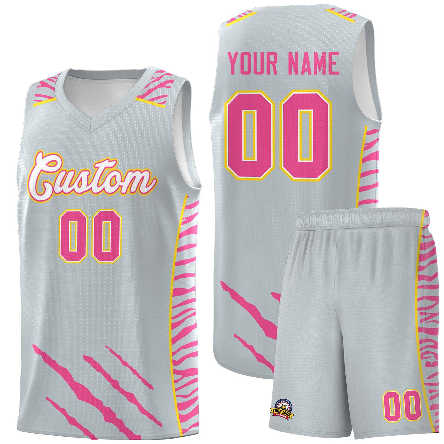 Custom Silver Personalized Tiger Claw Pattern Sports Uniform Basketball Jersey