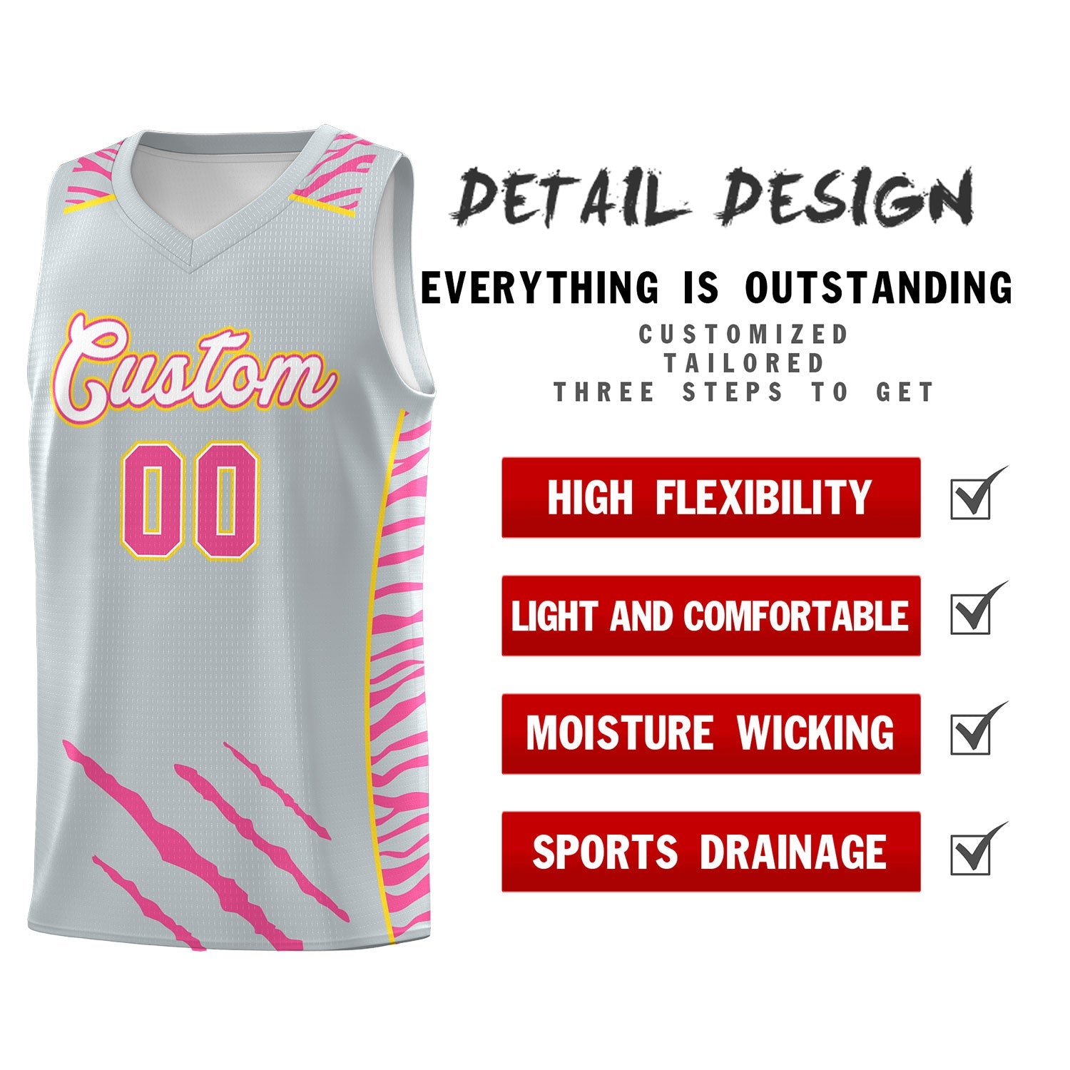 Custom Silver Personalized Tiger Claw Pattern Sports Uniform Basketball Jersey