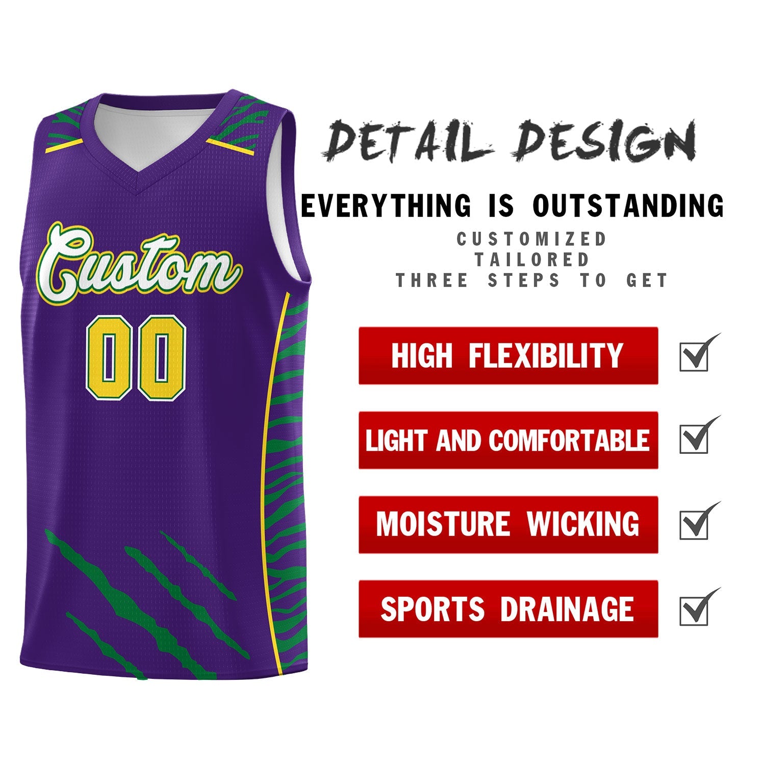 Custom Purple Personalized Tiger Claw Pattern Sports Uniform Basketball Jersey