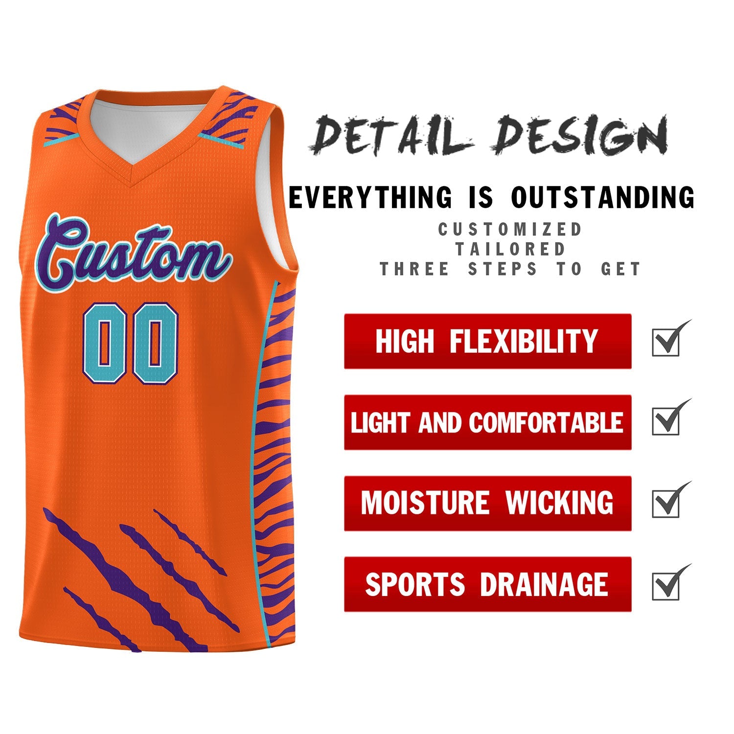 Custom Orange Personalized Tiger Claw Pattern Sports Uniform Basketball Jersey