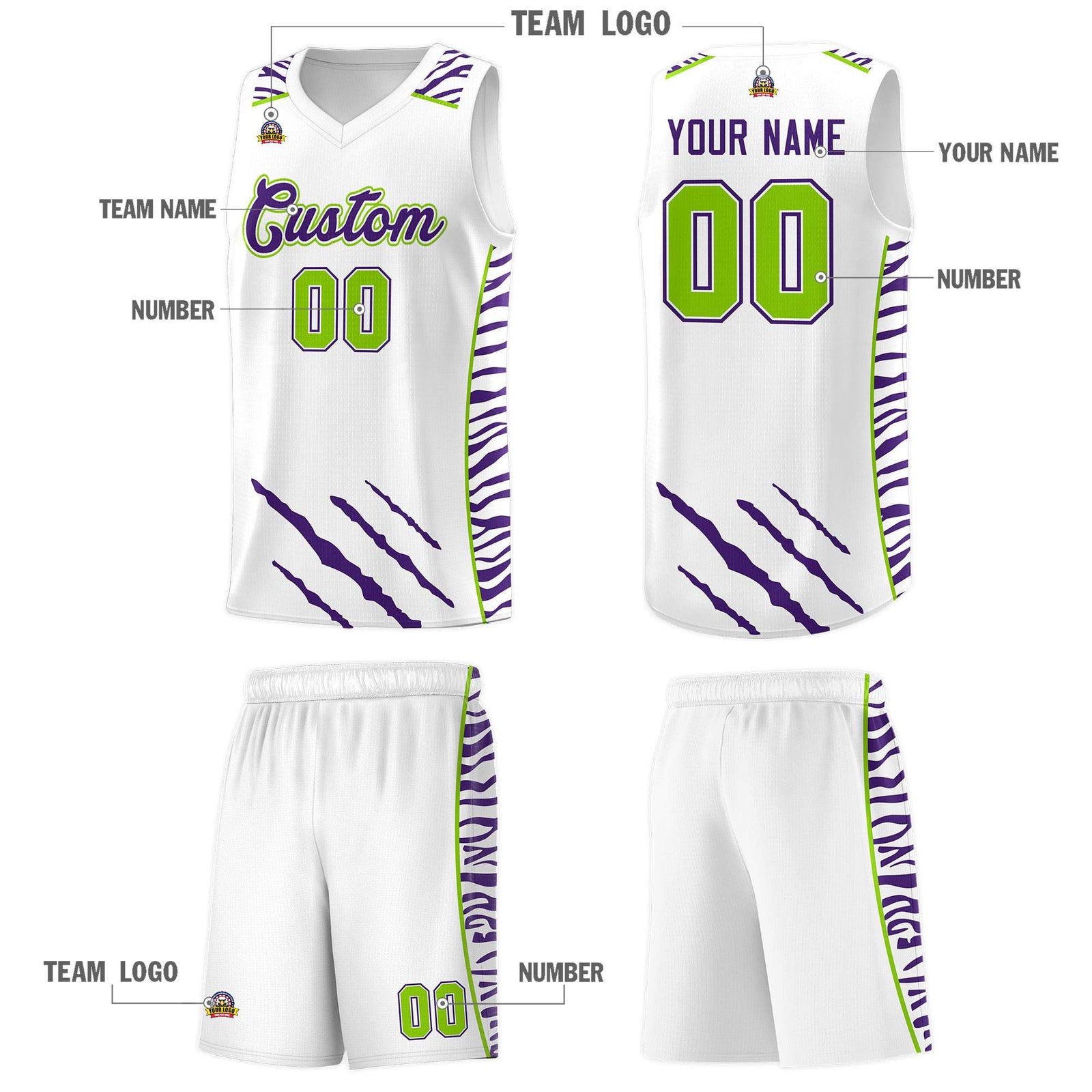 Custom White Personalized Tiger Claw Pattern Sports Uniform Basketball Jersey
