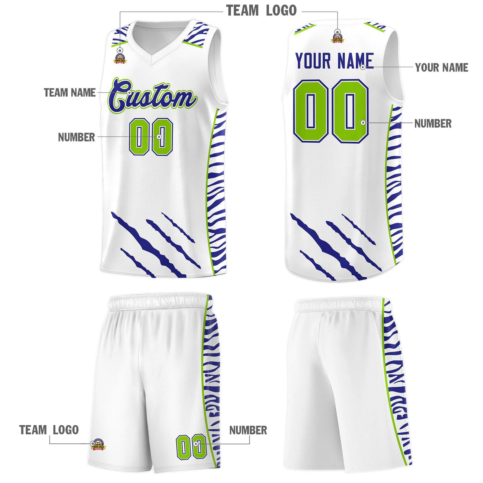 Custom White Personalized Tiger Claw Pattern Sports Uniform Basketball Jersey