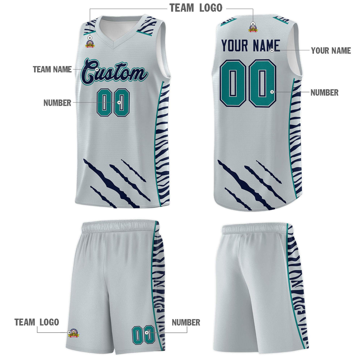 Custom Silver Personalized Tiger Claw Pattern Sports Uniform Basketball Jersey