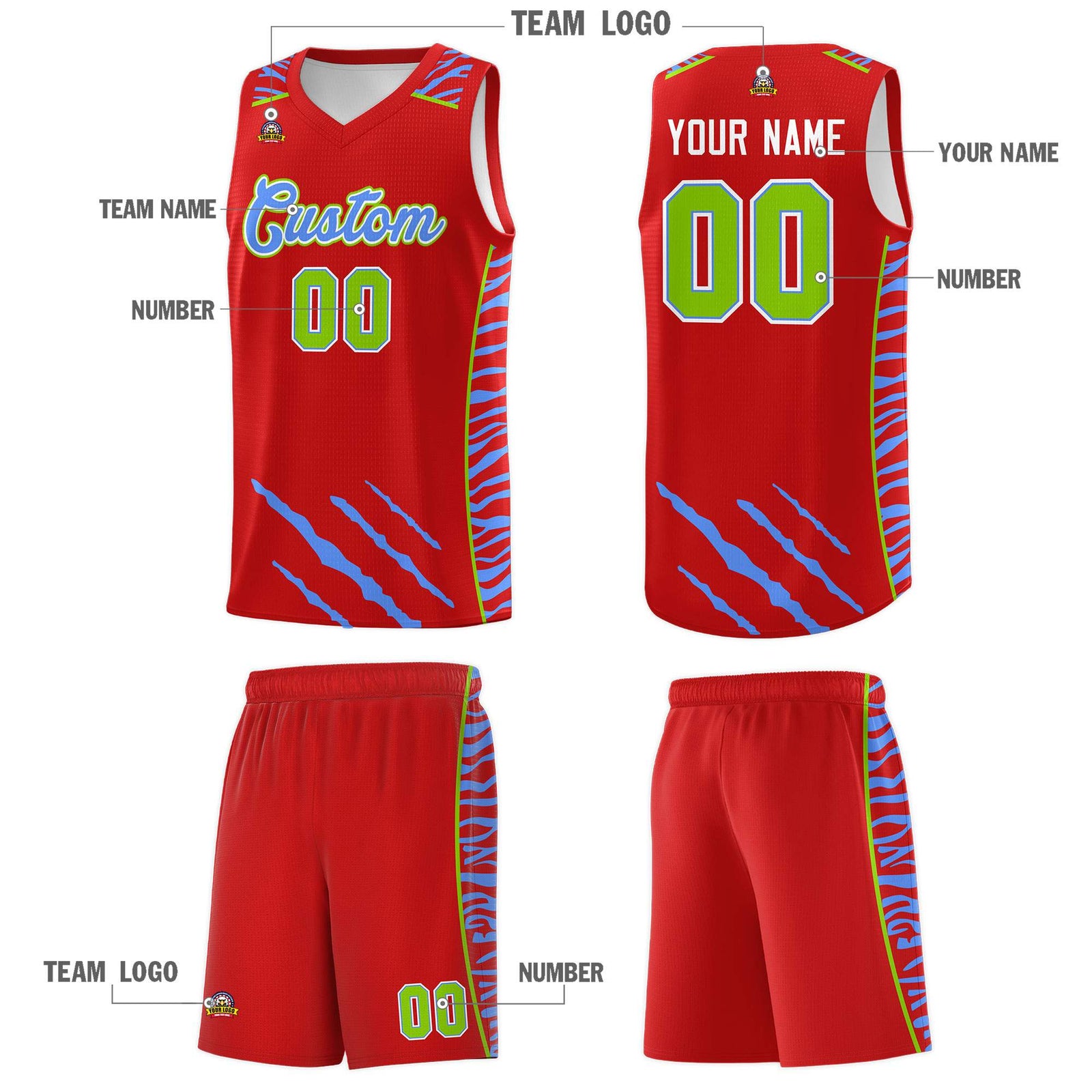 Custom Red Personalized Tiger Claw Pattern Sports Uniform Basketball Jersey