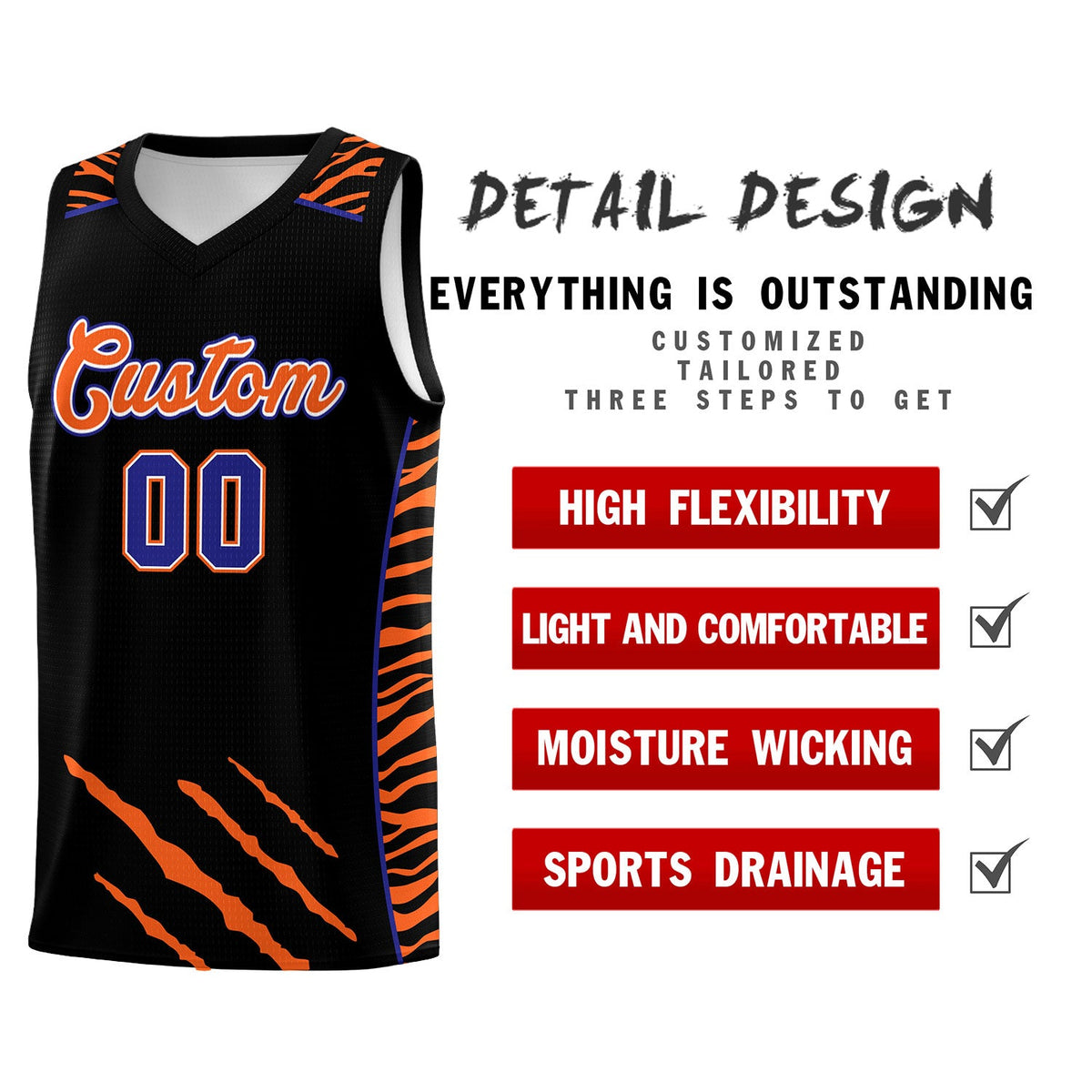 Custom Black Personalized Tiger Claw Pattern Sports Uniform Basketball Jersey