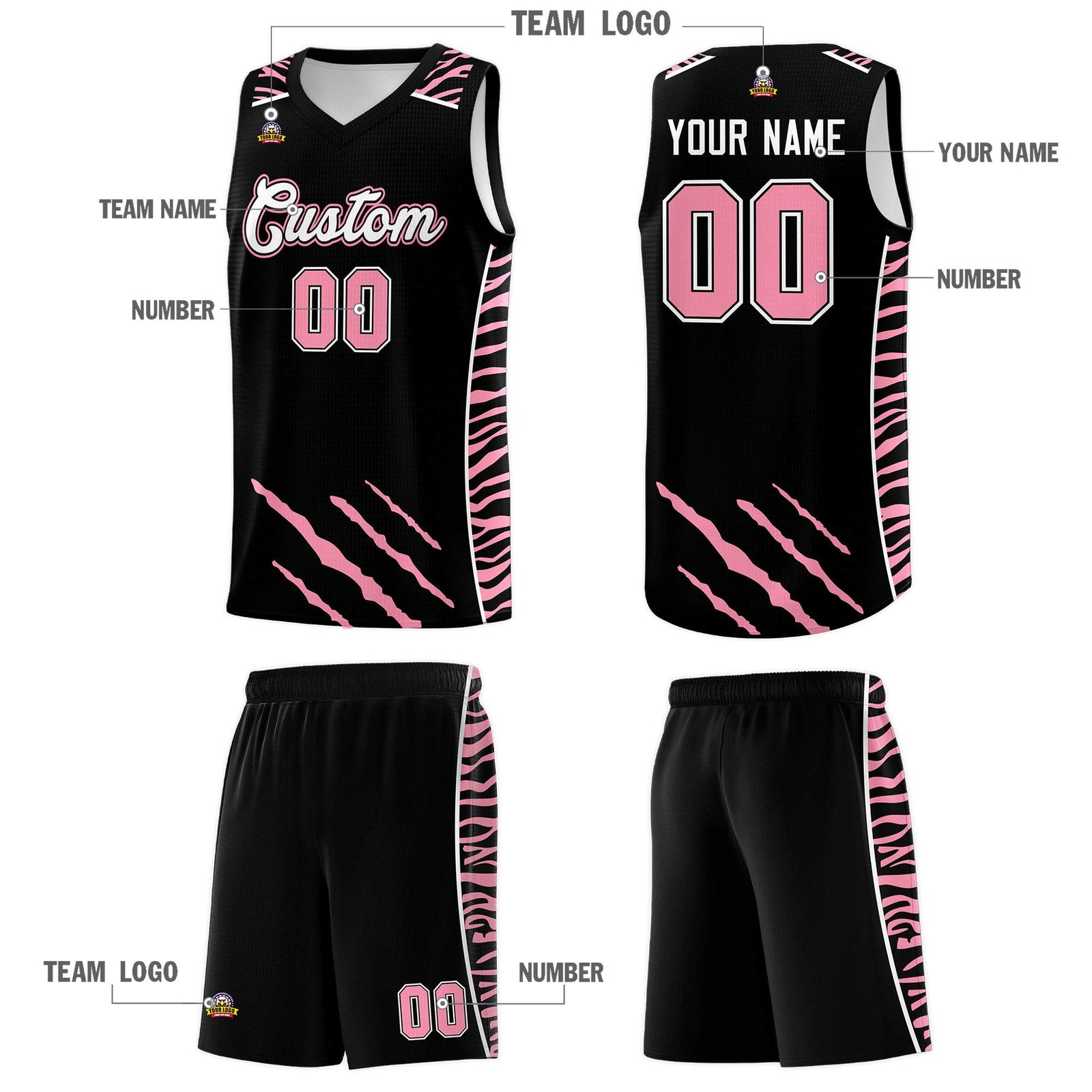 Custom Black Personalized Tiger Claw Pattern Sports Uniform Basketball Jersey