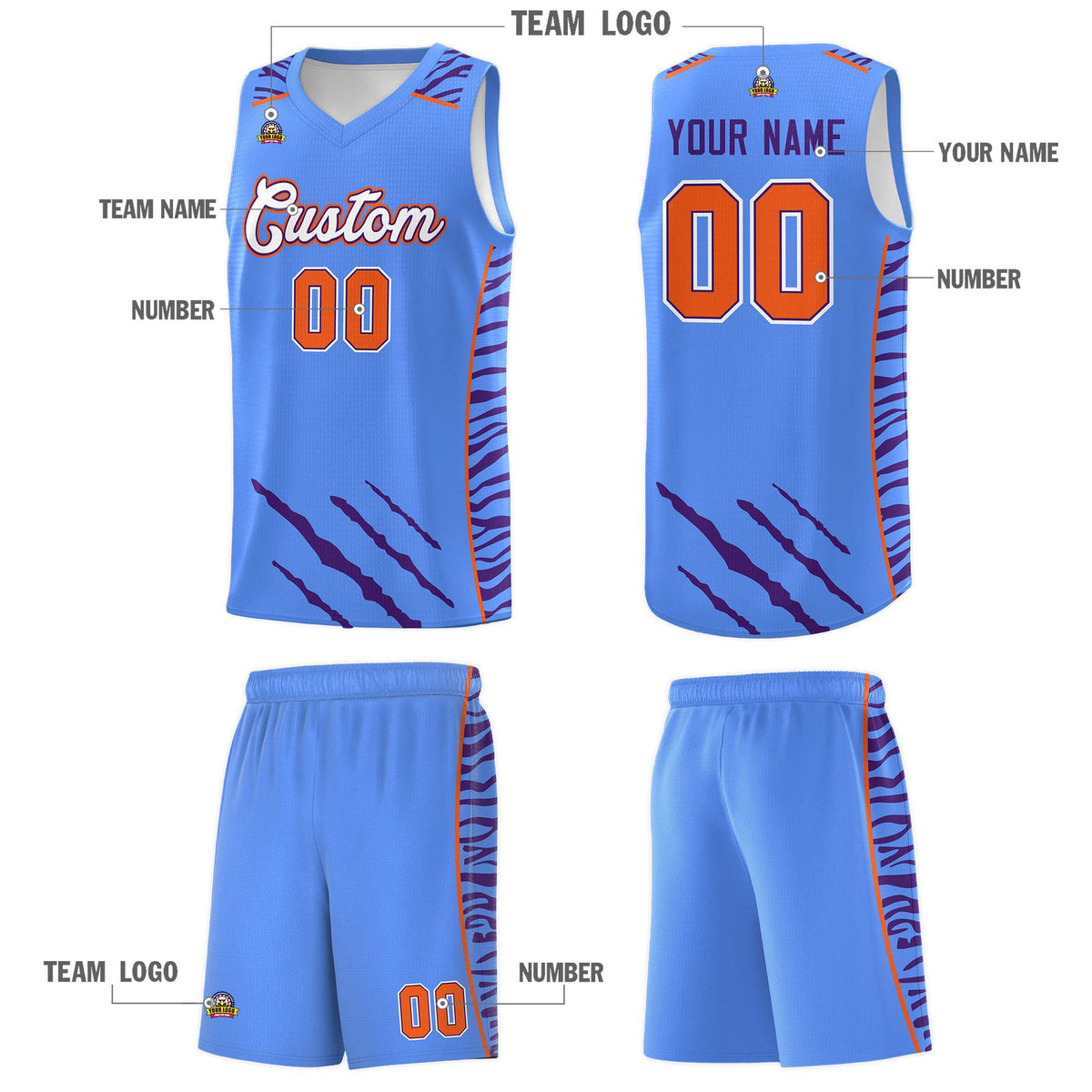 Custom Powder Blue Personalized Tiger Claw Pattern Sports Uniform Basketball Jersey