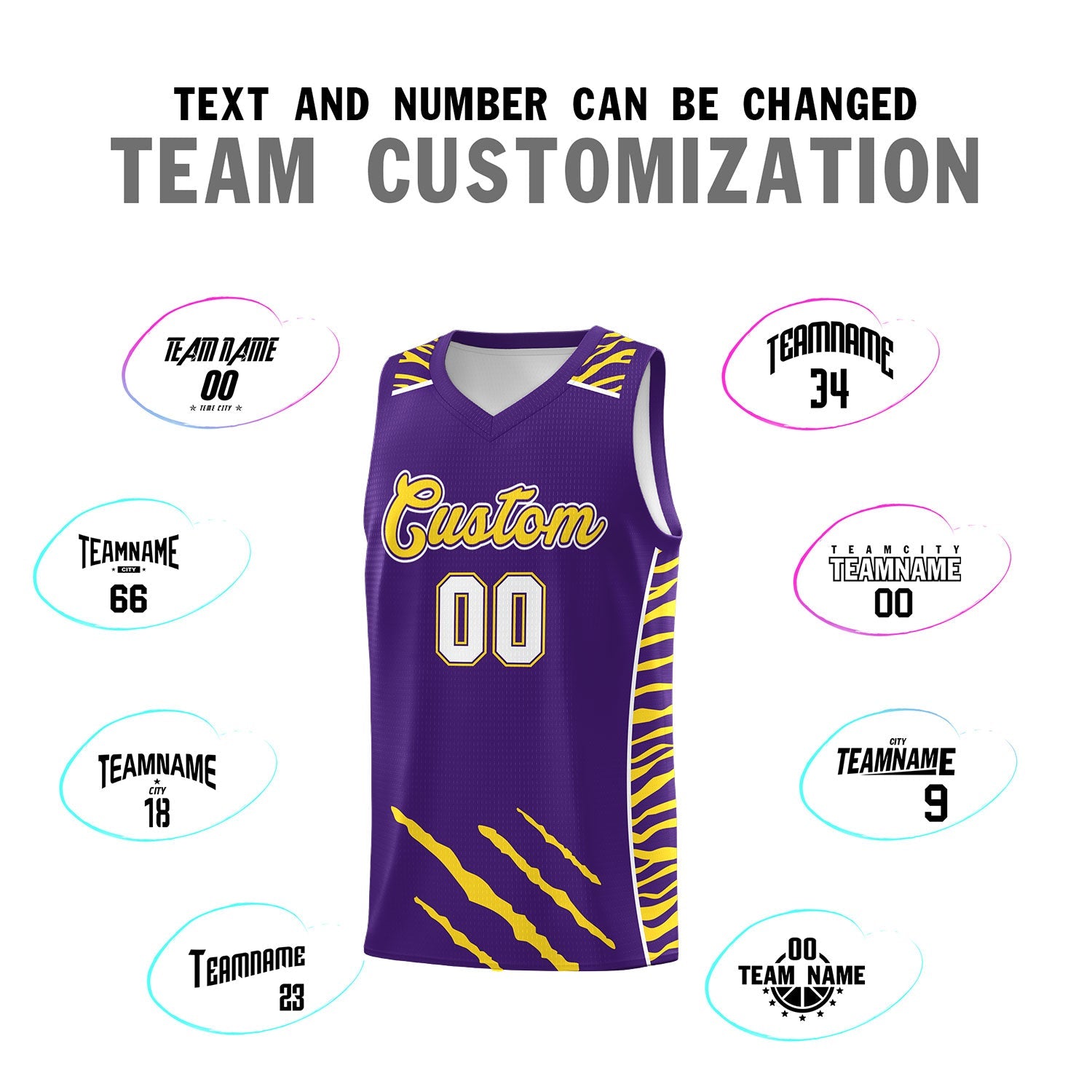 Custom Purple Personalized Tiger Claw Pattern Sports Uniform Basketball Jersey