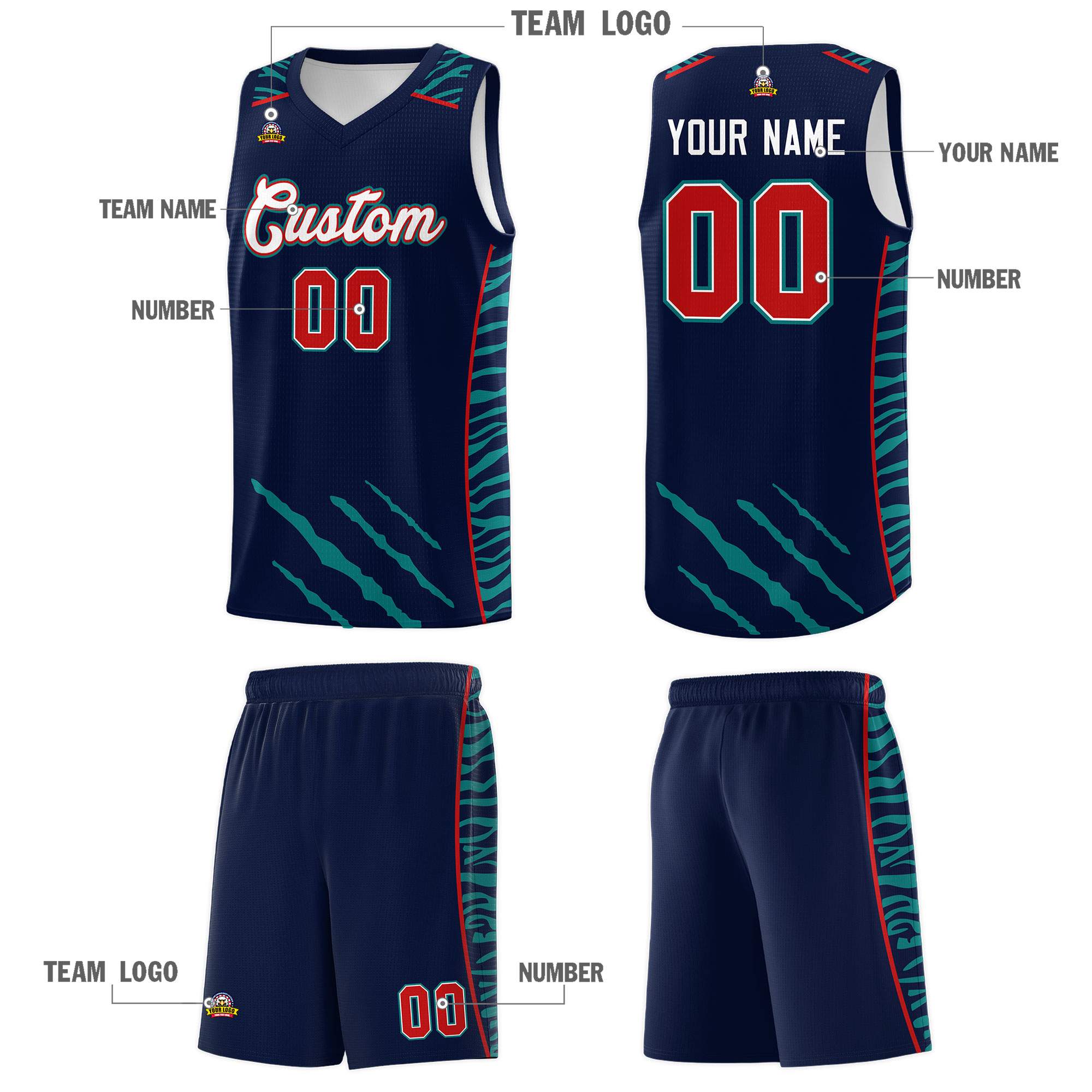 Custom Navy Personalized Tiger Claw Pattern Sports Uniform Basketball Jersey