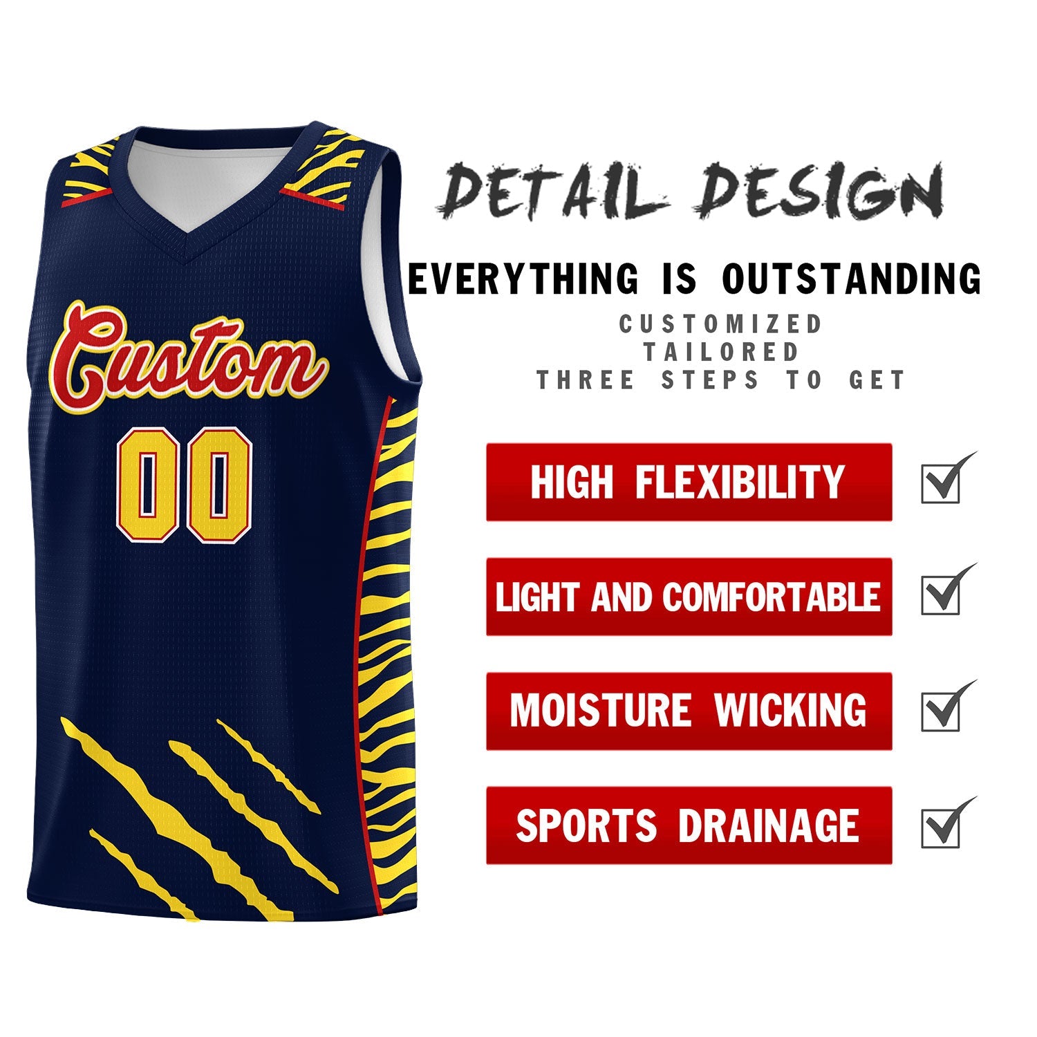Custom Navy Personalized Tiger Claw Pattern Sports Uniform Basketball Jersey