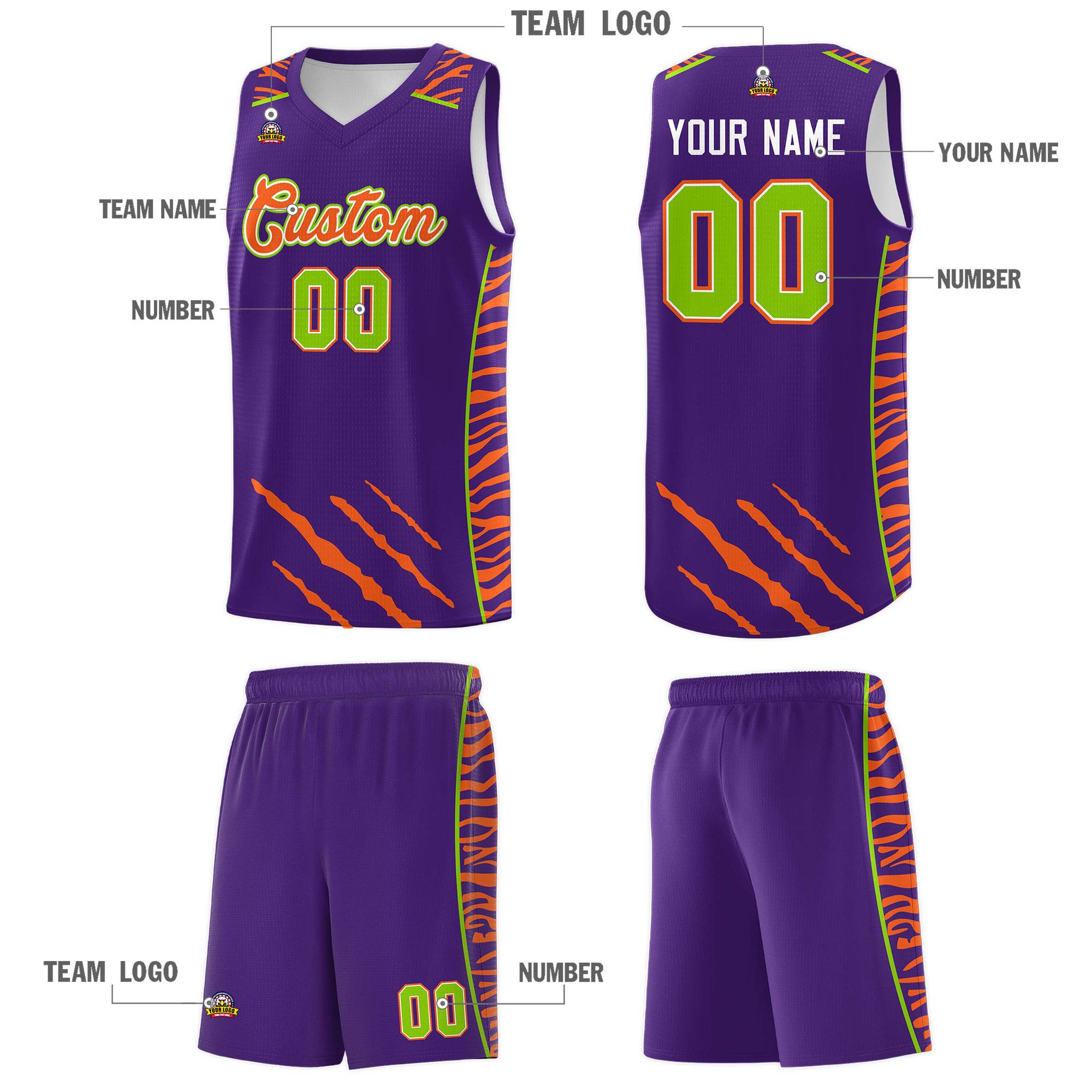 Custom Purple Personalized Tiger Claw Pattern Sports Uniform Basketball Jersey