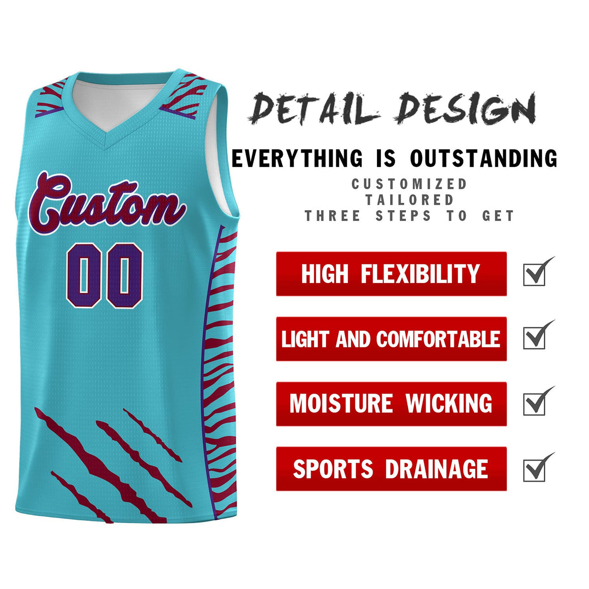Custom Sky Blue Personalized Tiger Claw Pattern Sports Uniform Basketball Jersey