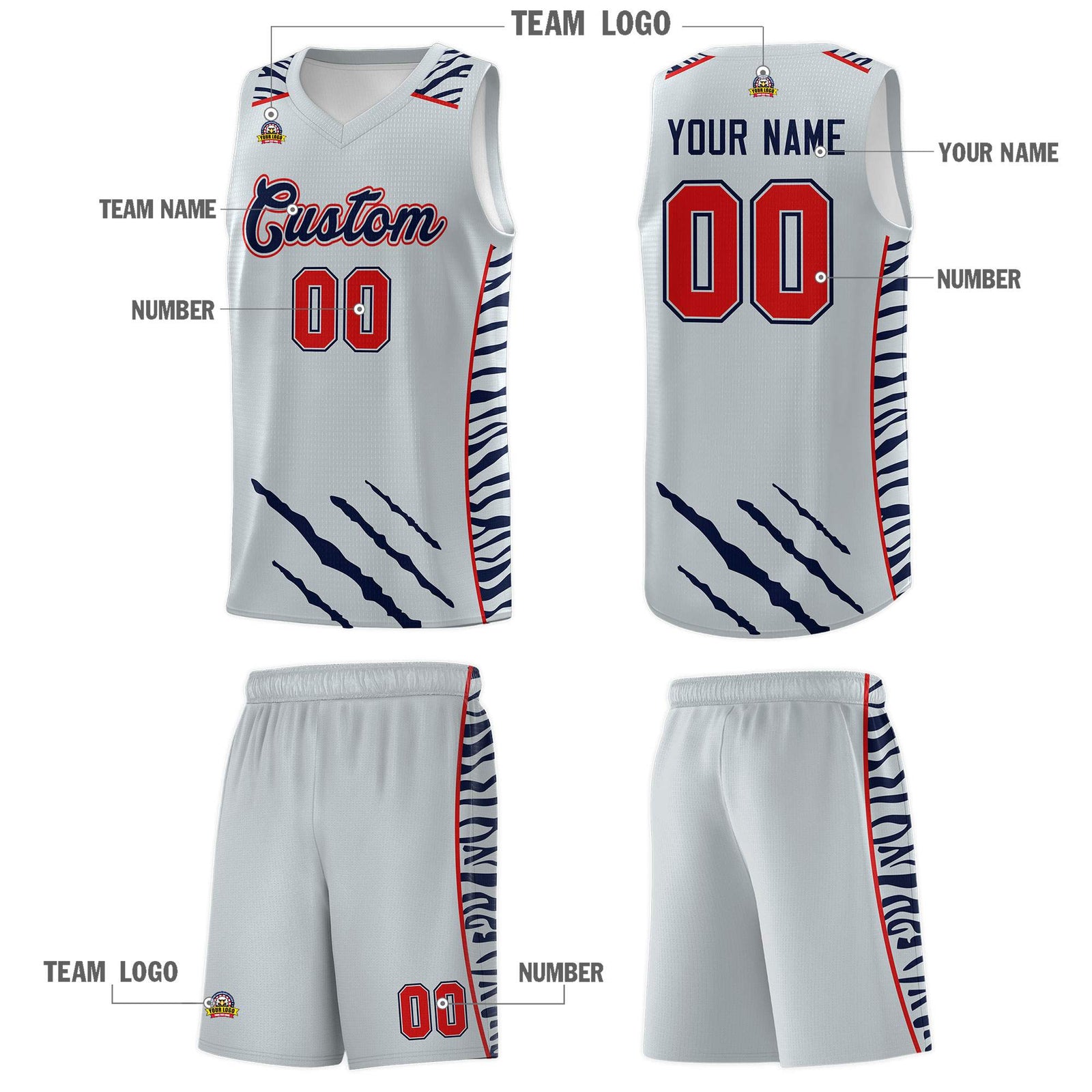 Custom Silver Personalized Tiger Claw Pattern Sports Uniform Basketball Jersey