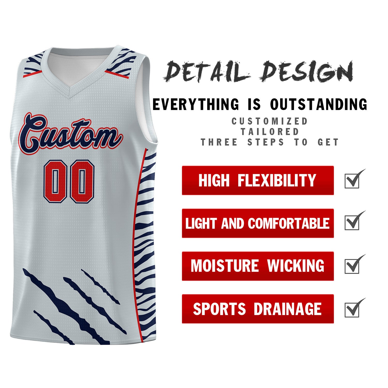 Custom Silver Personalized Tiger Claw Pattern Sports Uniform Basketball Jersey
