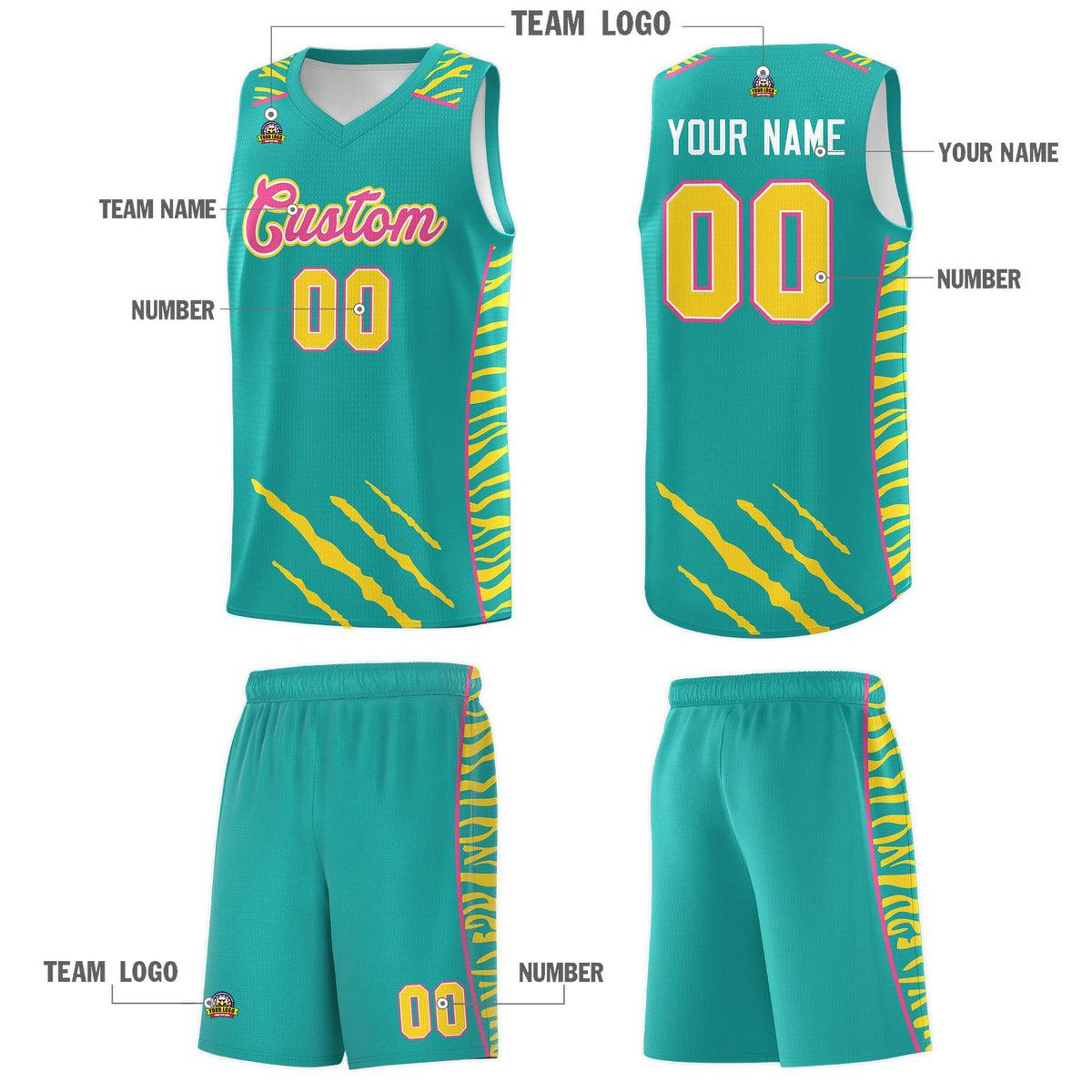 Custom Aqua Personalized Tiger Claw Pattern Sports Uniform Basketball Jersey