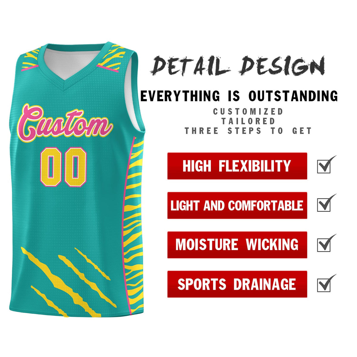 Custom Aqua Personalized Tiger Claw Pattern Sports Uniform Basketball Jersey
