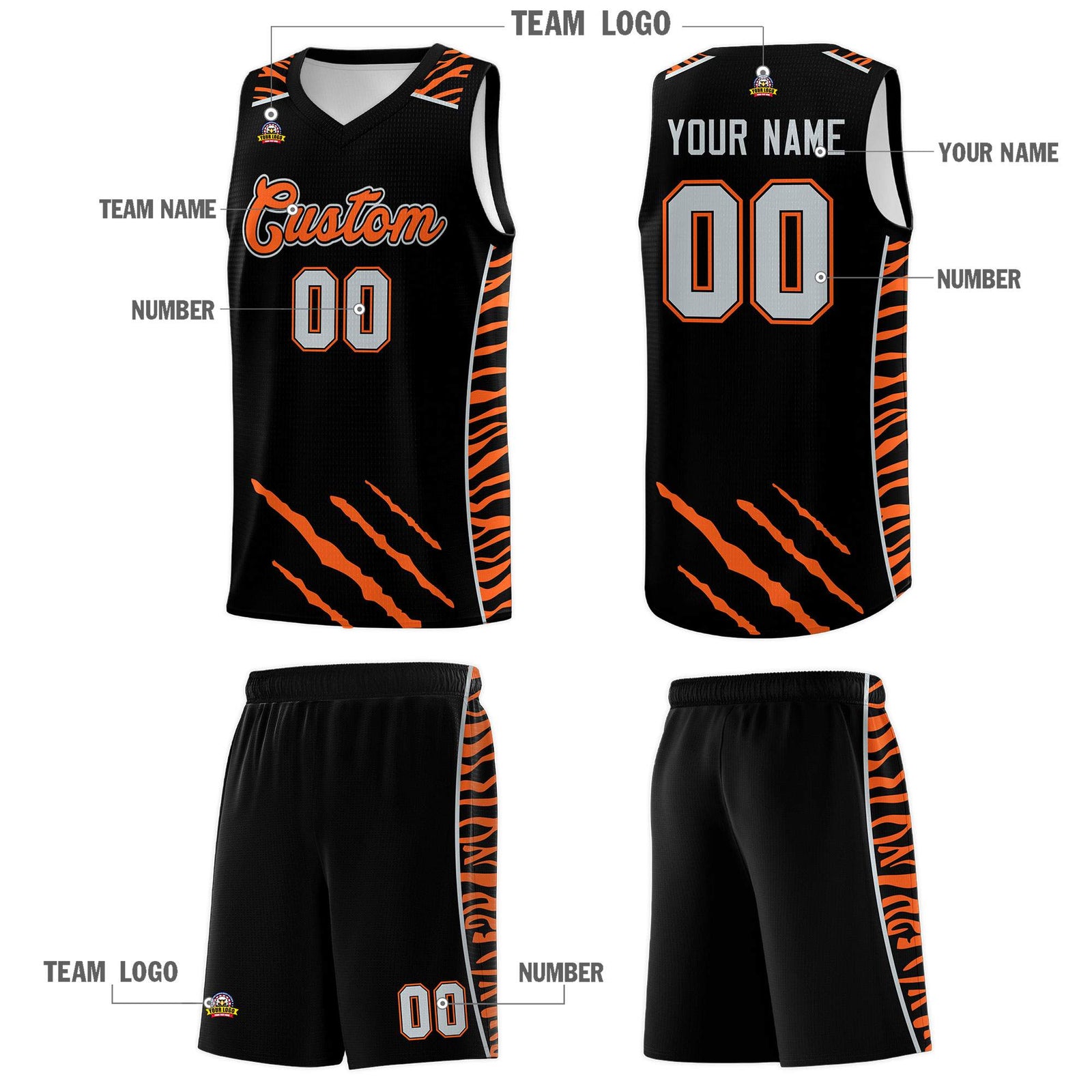 Custom Black Personalized Tiger Claw Pattern Sports Uniform Basketball Jersey