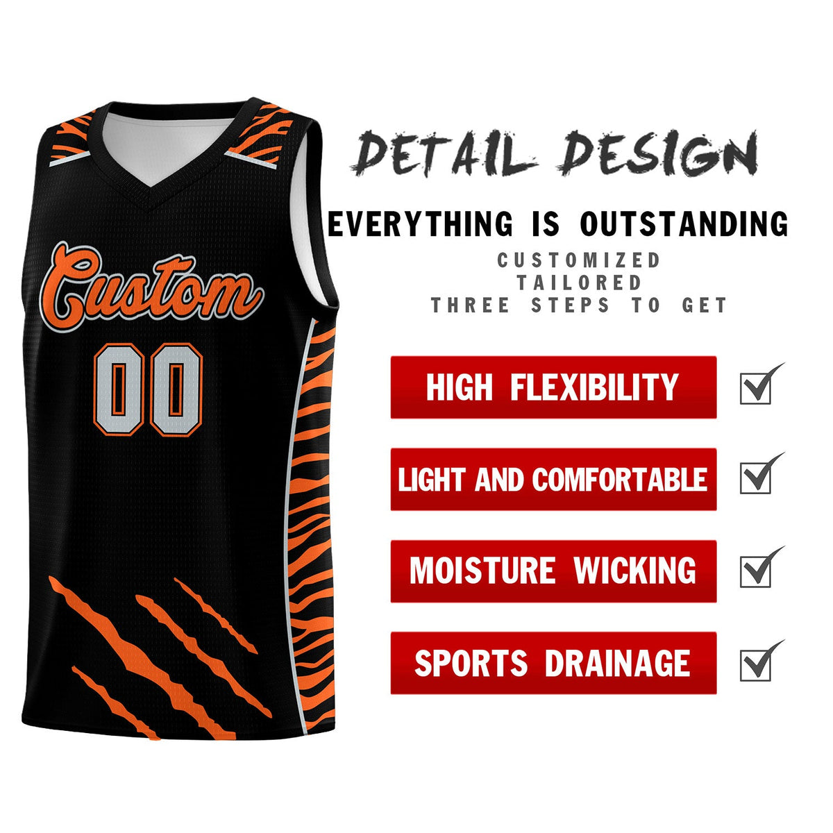 Custom Black Personalized Tiger Claw Pattern Sports Uniform Basketball Jersey