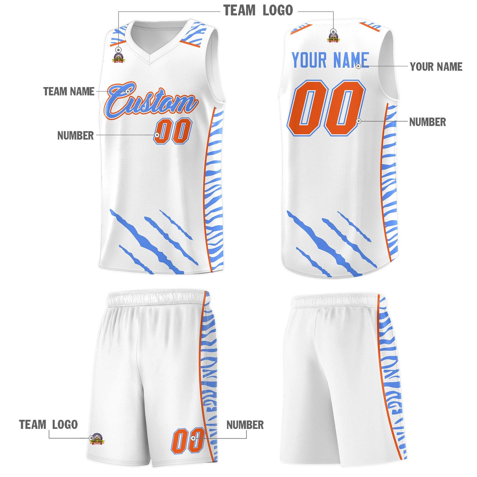 Custom White Personalized Tiger Claw Pattern Sports Uniform Basketball Jersey