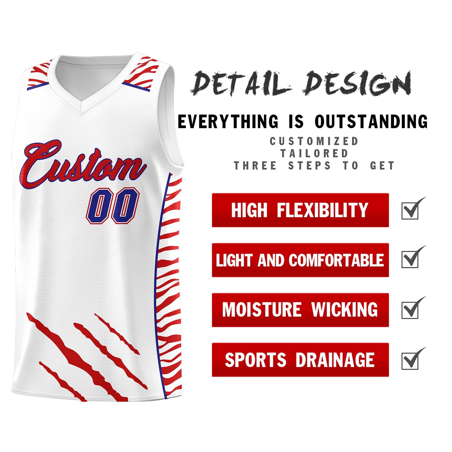 Custom White Personalized Tiger Claw Pattern Sports Uniform Basketball Jersey