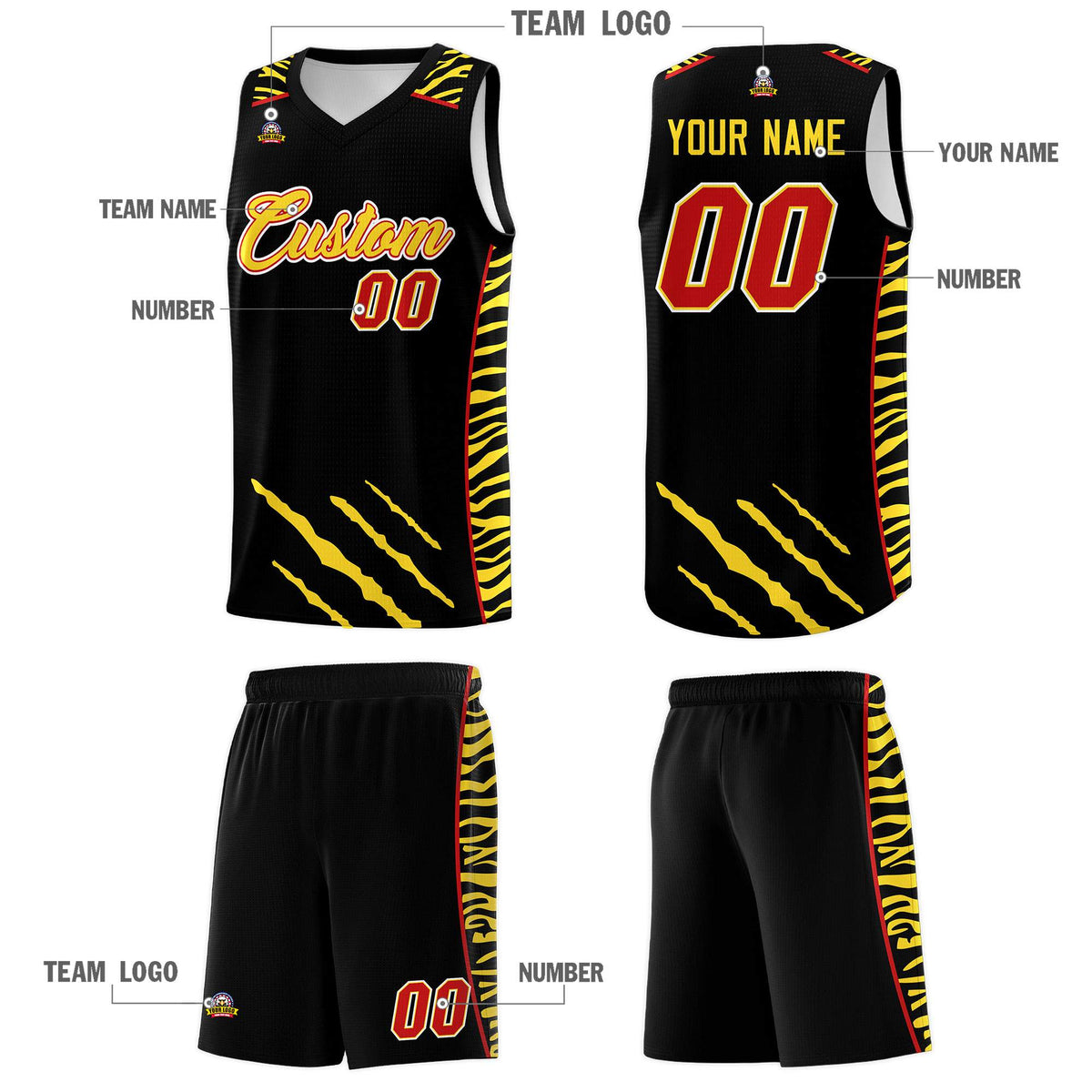 Custom Black Personalized Tiger Claw Pattern Sports Uniform Basketball Jersey