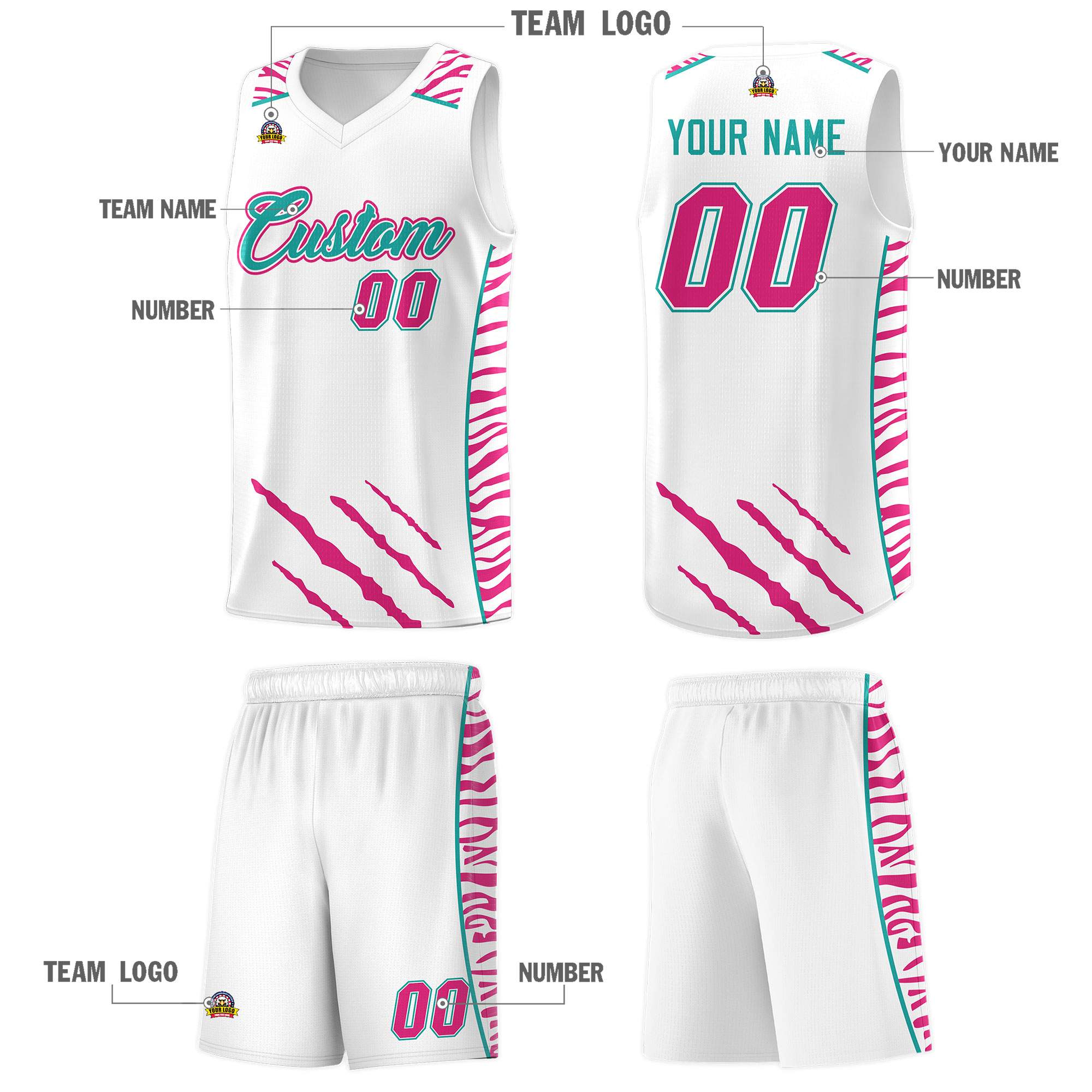 Custom White Personalized Tiger Claw Pattern Sports Uniform Basketball Jersey