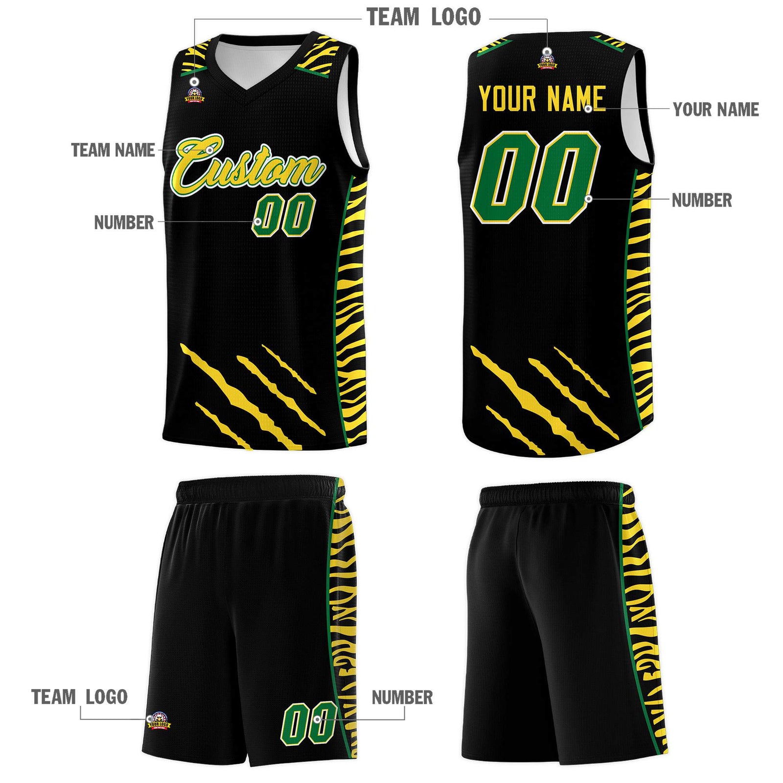 Custom Black Personalized Tiger Claw Pattern Sports Uniform Basketball Jersey